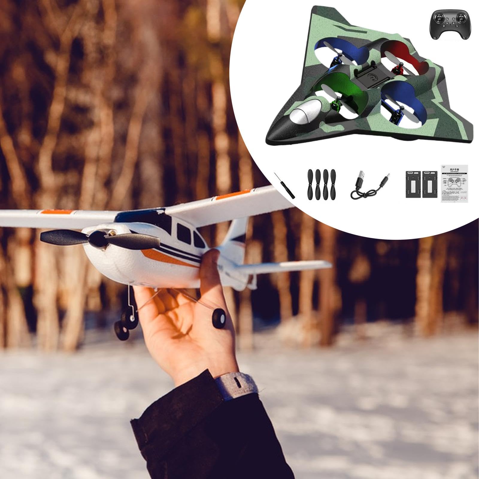 Milageto Avión Teledirigido con Cuatro Motores Avión de Control Remoto Acrobático Planeador Resistente con Luces LED y Ligero de Espuma Adecuado, Batería Doble Verde