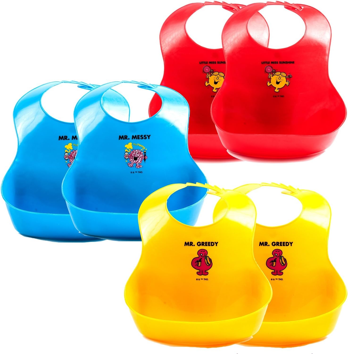 CrazyGadget® Pack of 6 Soft Plastic Baby Toddler Bibs Creatively Designed by MR Men Food Catcher Pocket, Waterproof and Wipe Clean Flexible, Durable and Washable