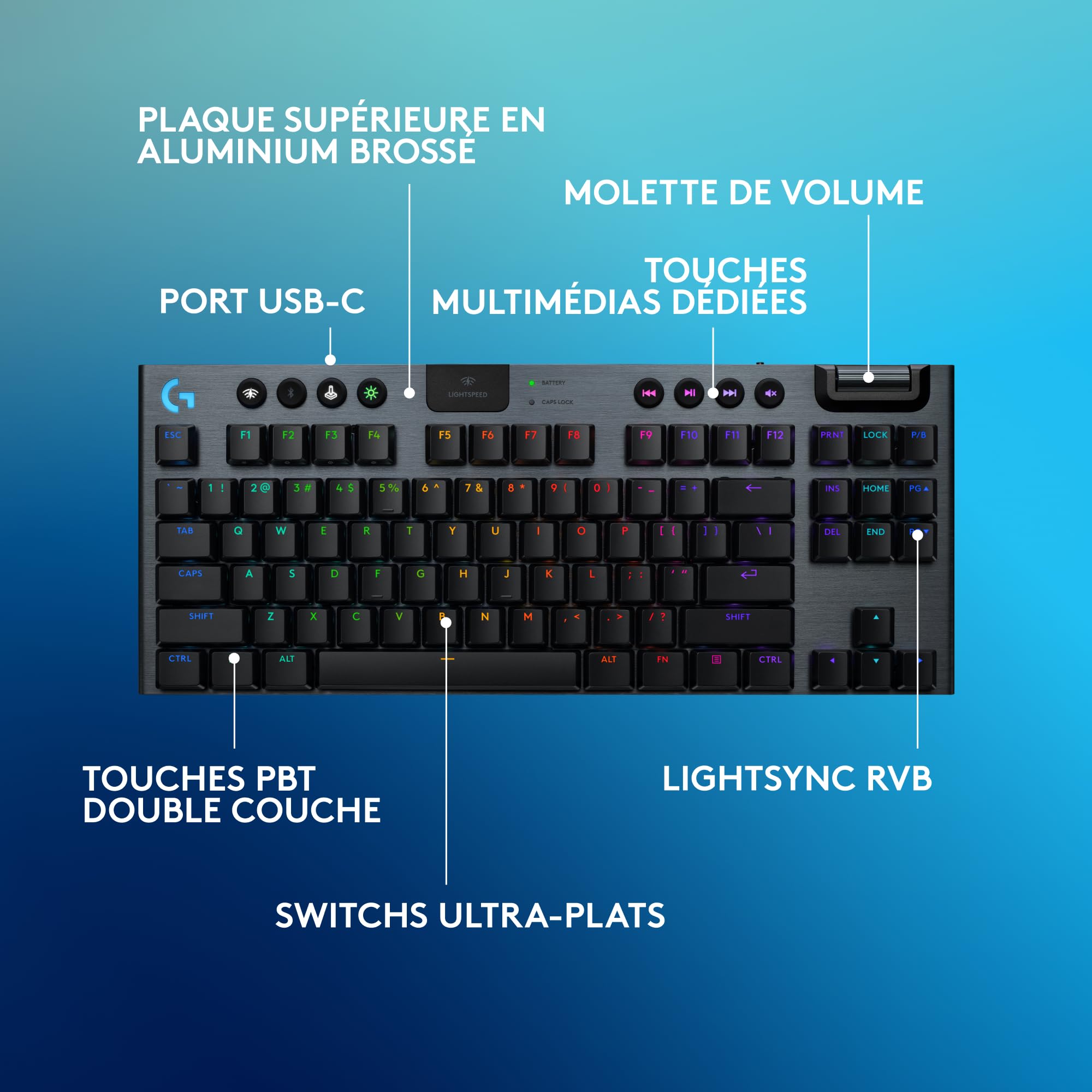 Logitech G G915 X LIGHTSPEED TKL Clavier gaming sans fil ultra-plat, touches PBT double couche, touches entièrement programmables, rétroéclairage RVB, GL Brown Tactile - PC/Mac, FRA AZERTY - Noir