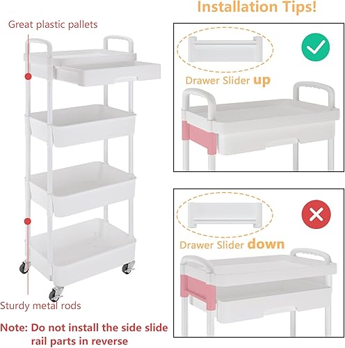 Miniatura 6 de Calmootey Carrito utilitario de 4 niveles con cajón, organizador de almacenamiento multifuncional con estante de plástico y rueda de metal, carrito