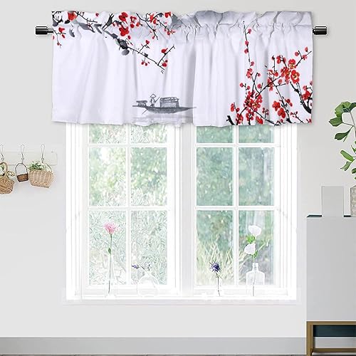 Cenefas de tratamiento de ventana asiáticas japonesas de acuarela, tinta, vintage, bosque brumoso, cerezo, flores, pájaros, cenefa de cortina con