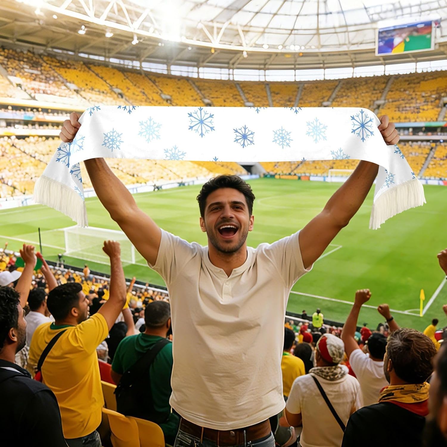 CHIFIGNO Snowflake Blue White Sports Fan Scarf with Fringe Ends, Soft Polyester Towel Scarf for Soccer Games, Quick Dry Sweat Absorbing Cheering Wrap