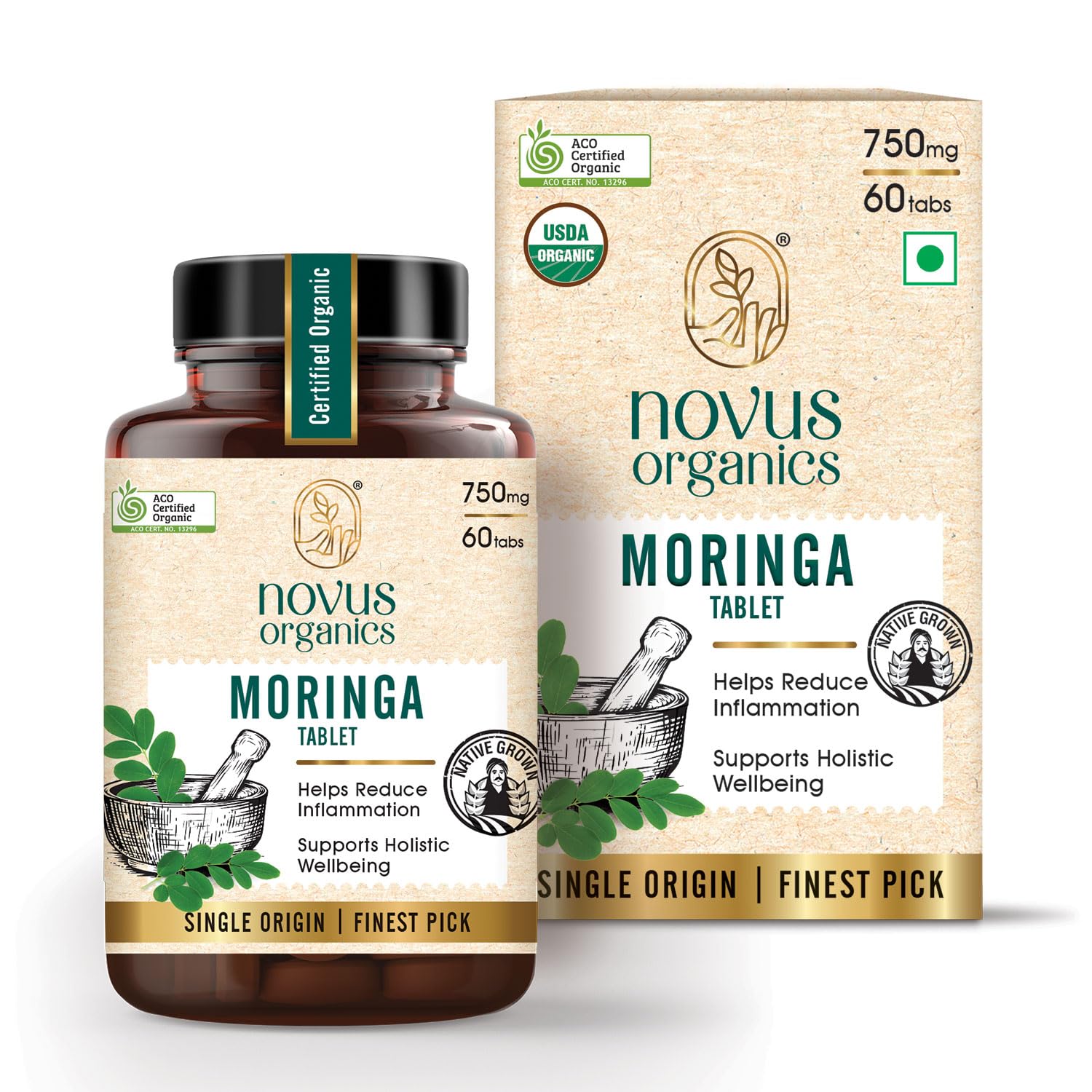 Novus Organics Premium Moringa 60 Tablets (Oleifera)-750mg | Unmatched Authenticity with USDA & ACO Certified | Ethical Organic Moringa Drumstick leaf Tablets | Honest Single Farm Sourced for Maximum Potency | Full Strength