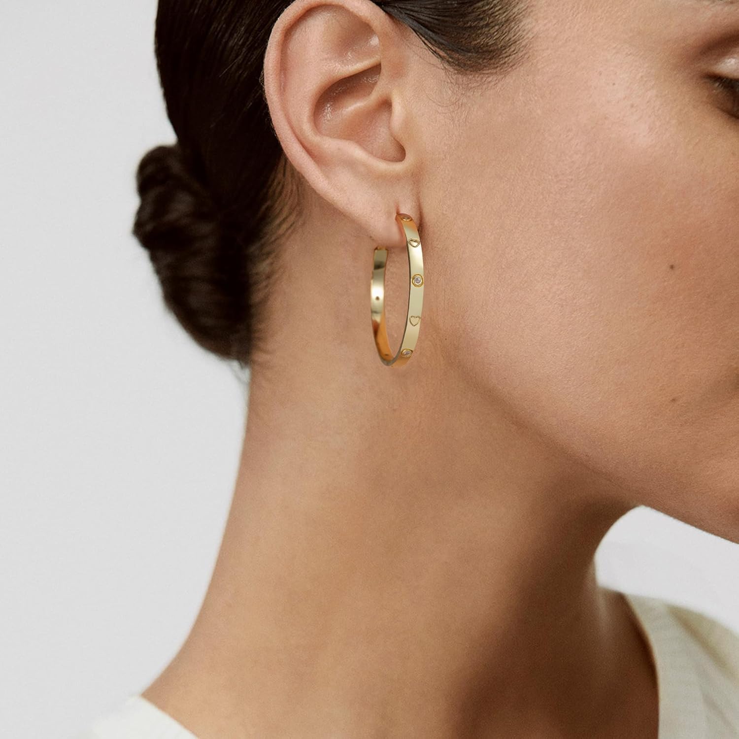 OOOPEL Sterling Silver Hoop Earrings for Women Gold Silver Large Hoops with Zirconia and Heart Engraving Hypoallergenic 4mm Wide Big Hoop Earrings for Women (30/40/50/60mm) - Image 6