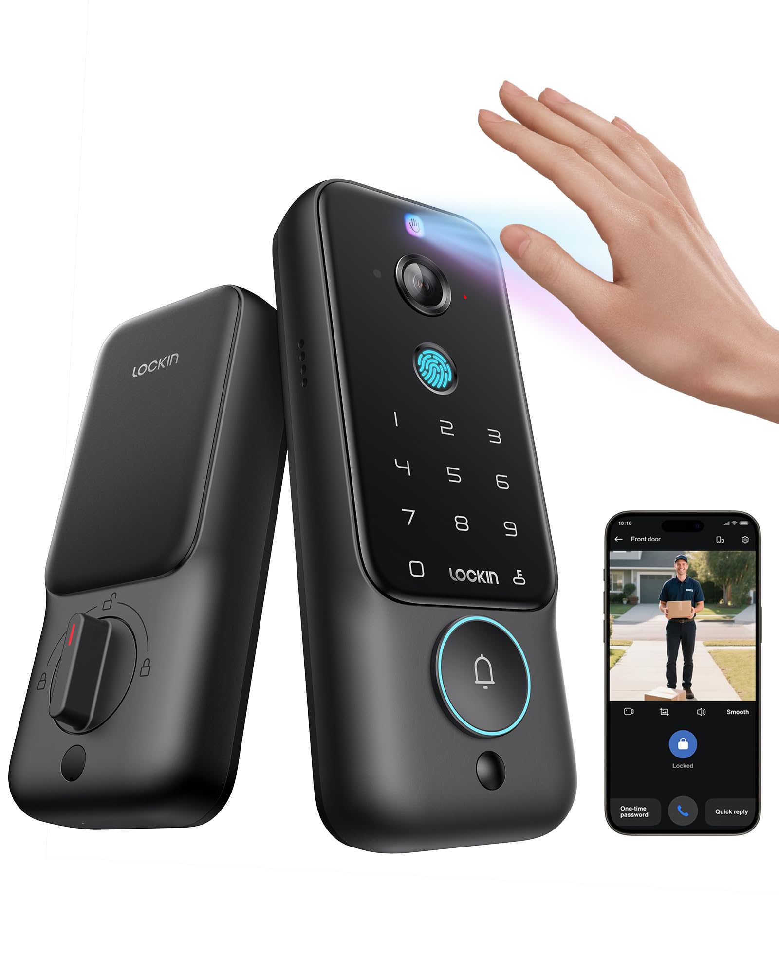 Lockin Veno Plus Palm Vein Video Smart Lock with 2K 180° Camera, Fingerprint Recognition, Keyless Entry, Built-in Wi-Fi, 8GB Storage, Suitable for Front Door, No Monthly Fee (Plus)