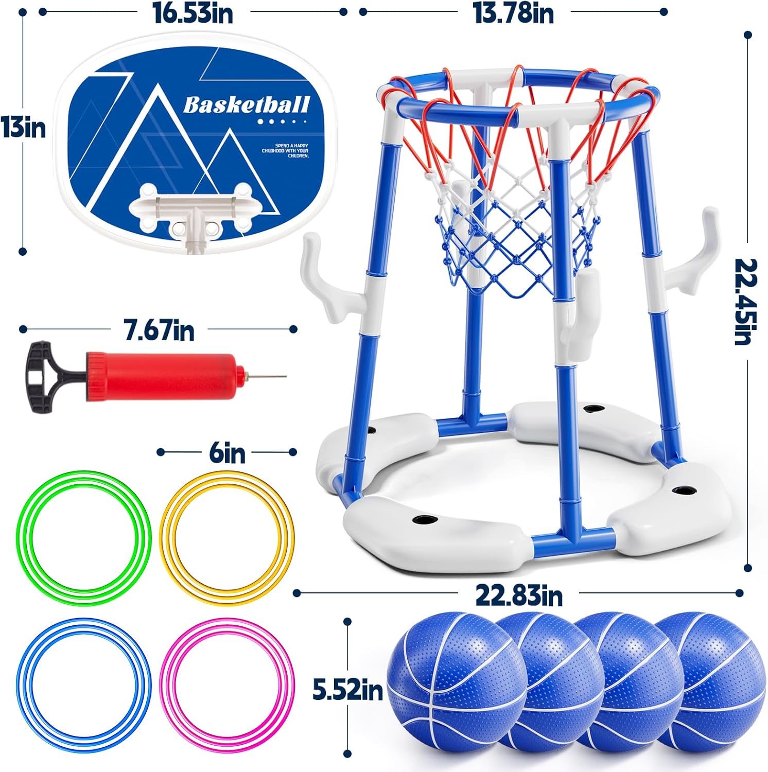 Pool Basketball Hoop for Kids Ages 4-8 & 8-12, 2-in-1 Floating Game Set with Backboard, Water-Fillable Base, 4 Balls, Pump & 12 Rings, Pool Games Backyard Swimming Pool Toys for Family Fun (Blue)