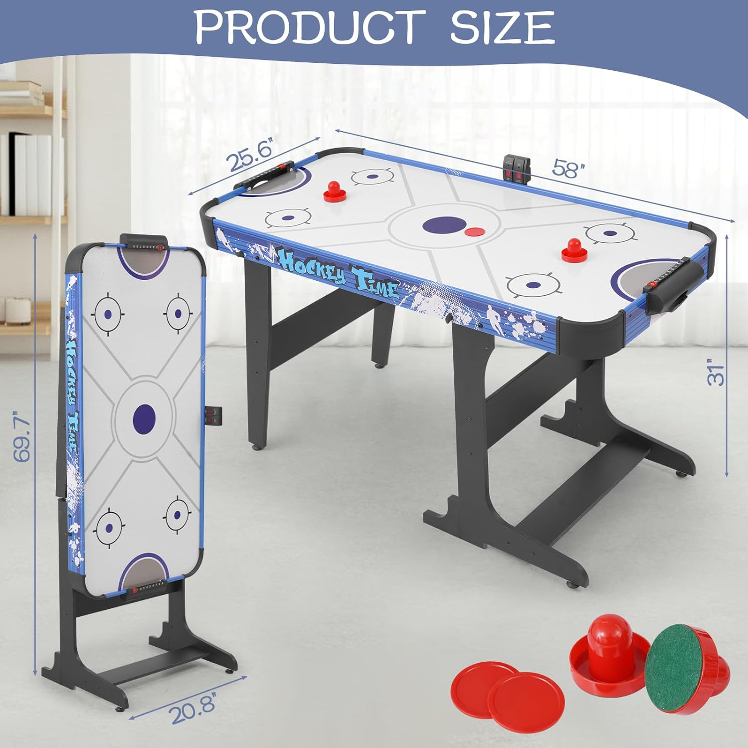 58“ Air Hockey Table, Indoor Hockey Game Table for Adults and Kids, Arcade Gaming Sets w/2 Pucks, 2 Pushers, Digital LED Scoreboard, Powerful 12V Motor for Game Room, Home