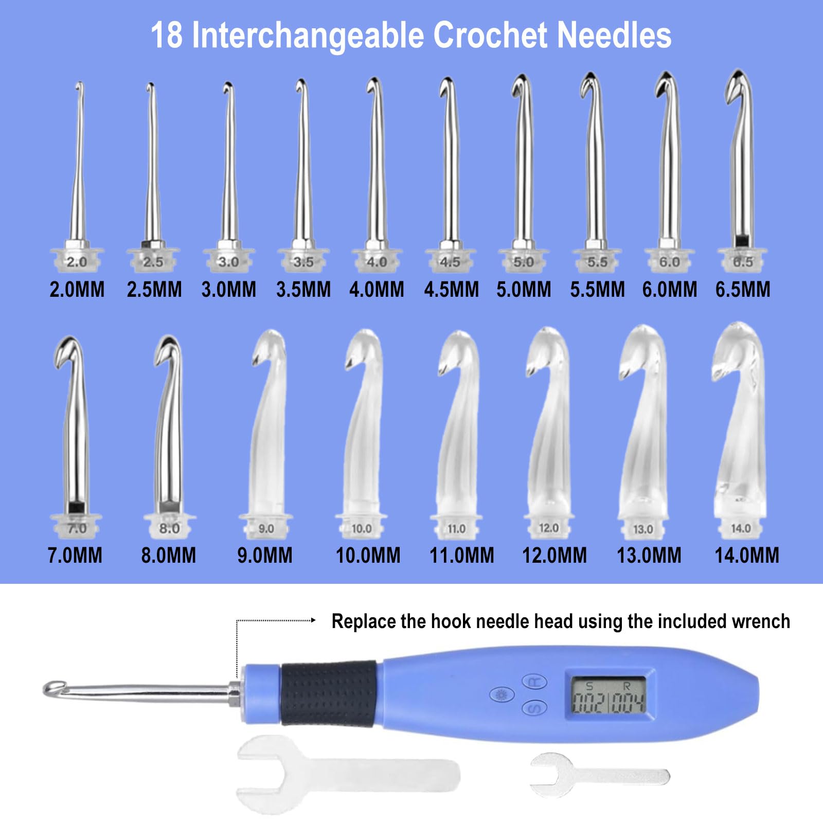 Foxyoo Juego de agujas ergonómicas de ganchillo con luz y contador de puntadas, 18 piezas | Kit intercambiable (2.0-14.0 mm) para aliviar la artritis, principiantes y avanzados, estuche de viaje portátil incluido
