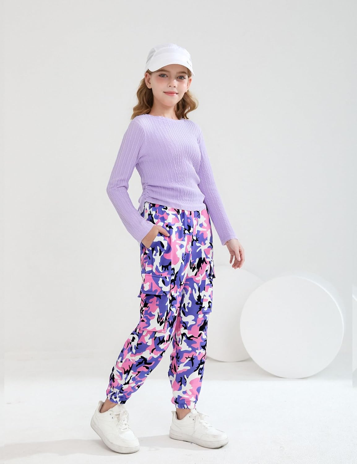 mksodop Girls Clothes Ruched Drawstring Short Sleeve Knit Top and Camo Print Pants 2 Piece Girls Outfits - Image 5