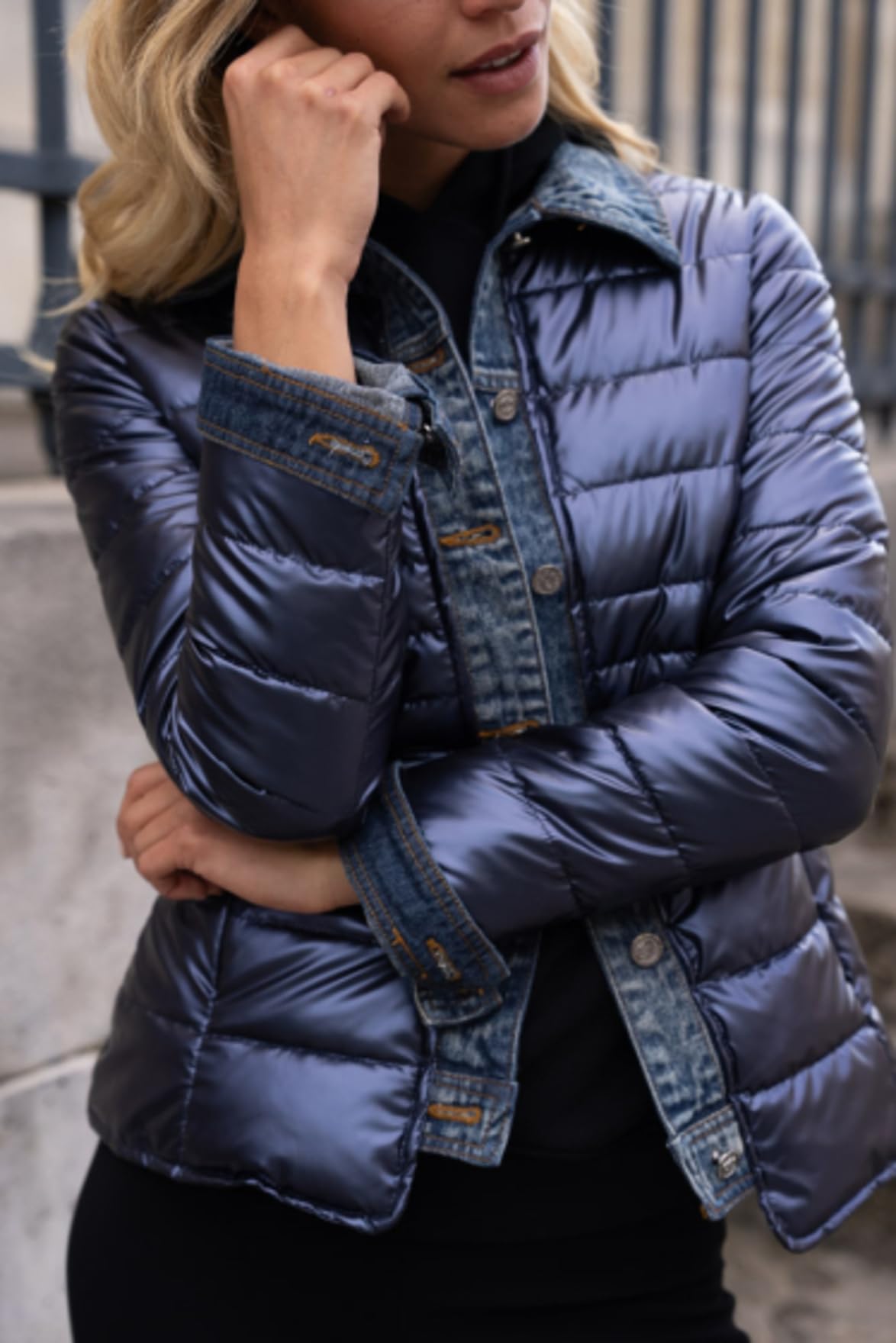 Miro Boho Chic New York 88 Veste matelassée pour femme bi-matière Denim et métallisé