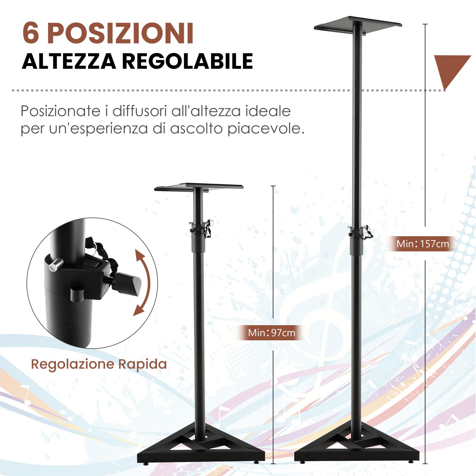 GYMAX Set di 2 Supporti per Altoparlanti, Regolabili in Altezza, con Base Triangolare, Adesivi Antiscivolo, Piattaforma Quadrata da 23 cm, Stativi per Casse per Casa, Studio