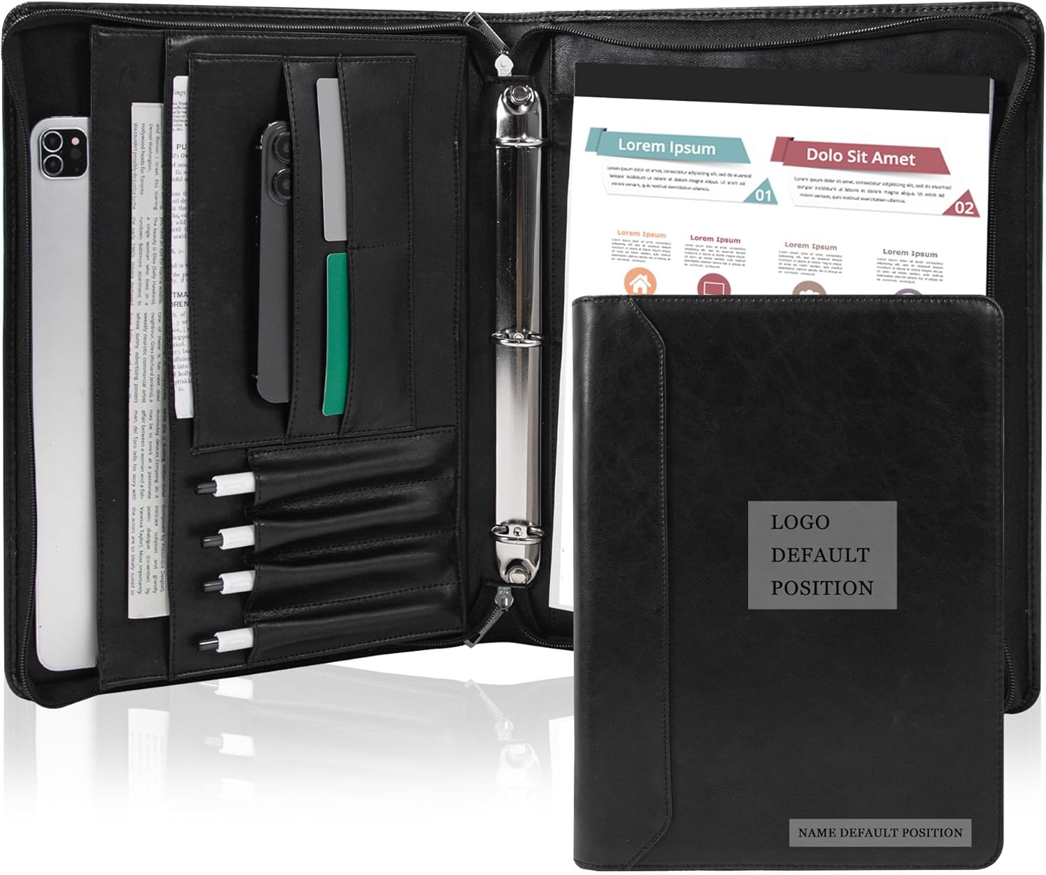 Free Engraved Name, Custom Ring Binder Portfolio, Professional Padfolio Vegans Leather, Document Organizer Folder, Zippered Organizer for 8.5 * 11 inch A4 Letter Legal Pad, Gift for Women/Men, Black