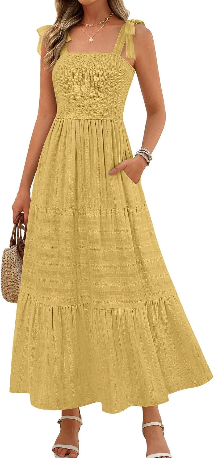 MEROKEETY Women's Summer Boho Maxi Dress Beach Vacation Casual Smocked A Line Sundress with Pockets