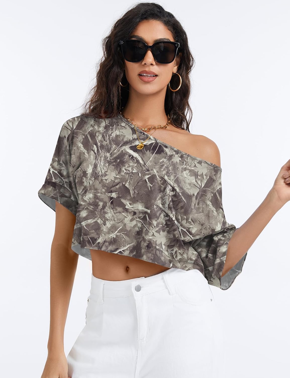 Kistore Off The Shoulder Tops for Women Going Out Short Sleeve Crop Top Boat Neck Loose T Shirt - Image 4