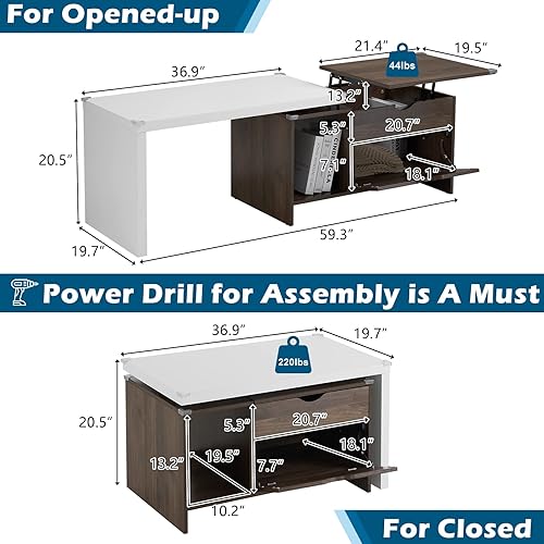 Miniatura 3 de VINGLI Mesa auxiliar multifuncional de 59 pulgadas de largo con tapa de elevación extensible con almacenamiento en el maletero, grandes mesas de