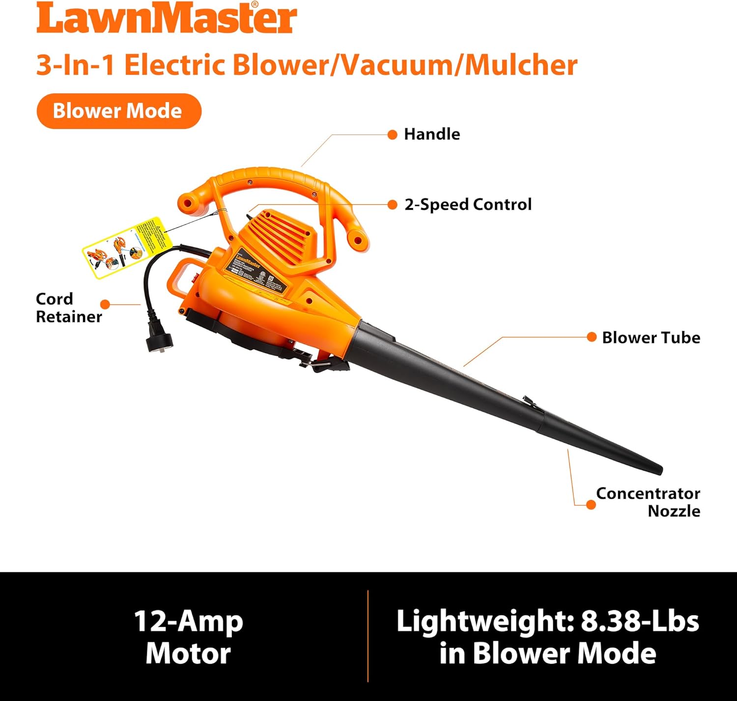 LawnMaster BV1210 Electric Blower Vacuum Mulcher 12 Amp 2-Speed Adjustment with Metal Impeller 240 MPH 380 CFM 16:1 Mulch Ratio with Collection Bag