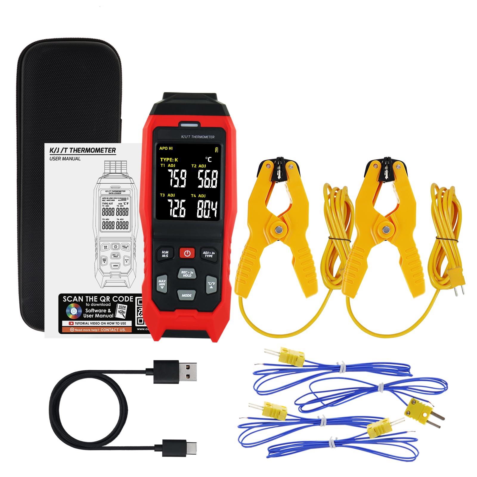 4-Kanal-Thermometer vom Typ K mit Datenaufzeichnung, industrielles digitales Temperaturmessgerät -200 °C bis 1372 °C (-328 °F bis 2501 °F) mit 2 Rohrschellensensoren für HLK-, Labor- und Industrieanwe