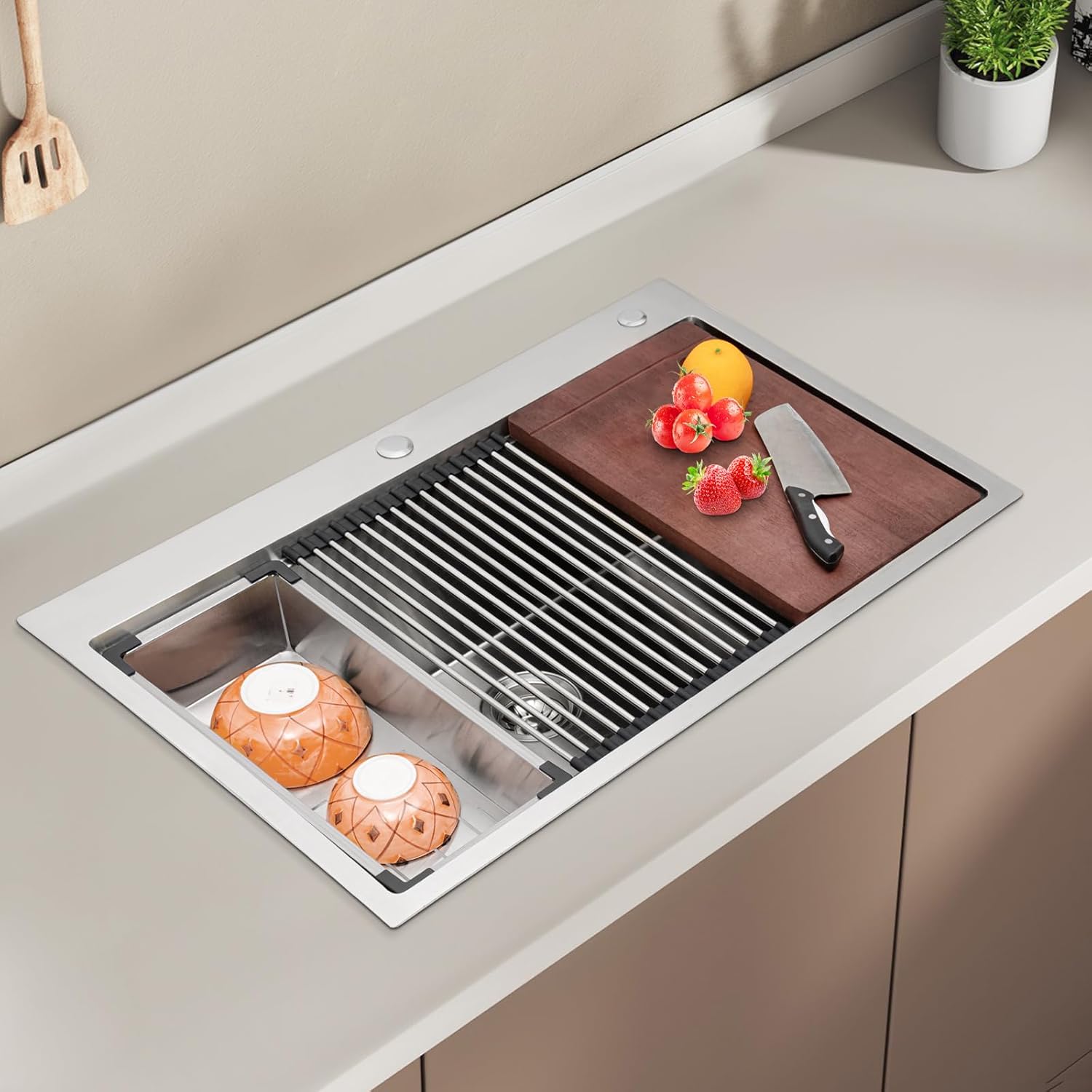 33 Inch Drop In Kitchen Sink, 304 Stainless Steel Single Bowl Top Mount Sink Drop In Workstation Round Corners Above Counter Kitchen Sink Basin With Accessories for homes restaurants bars