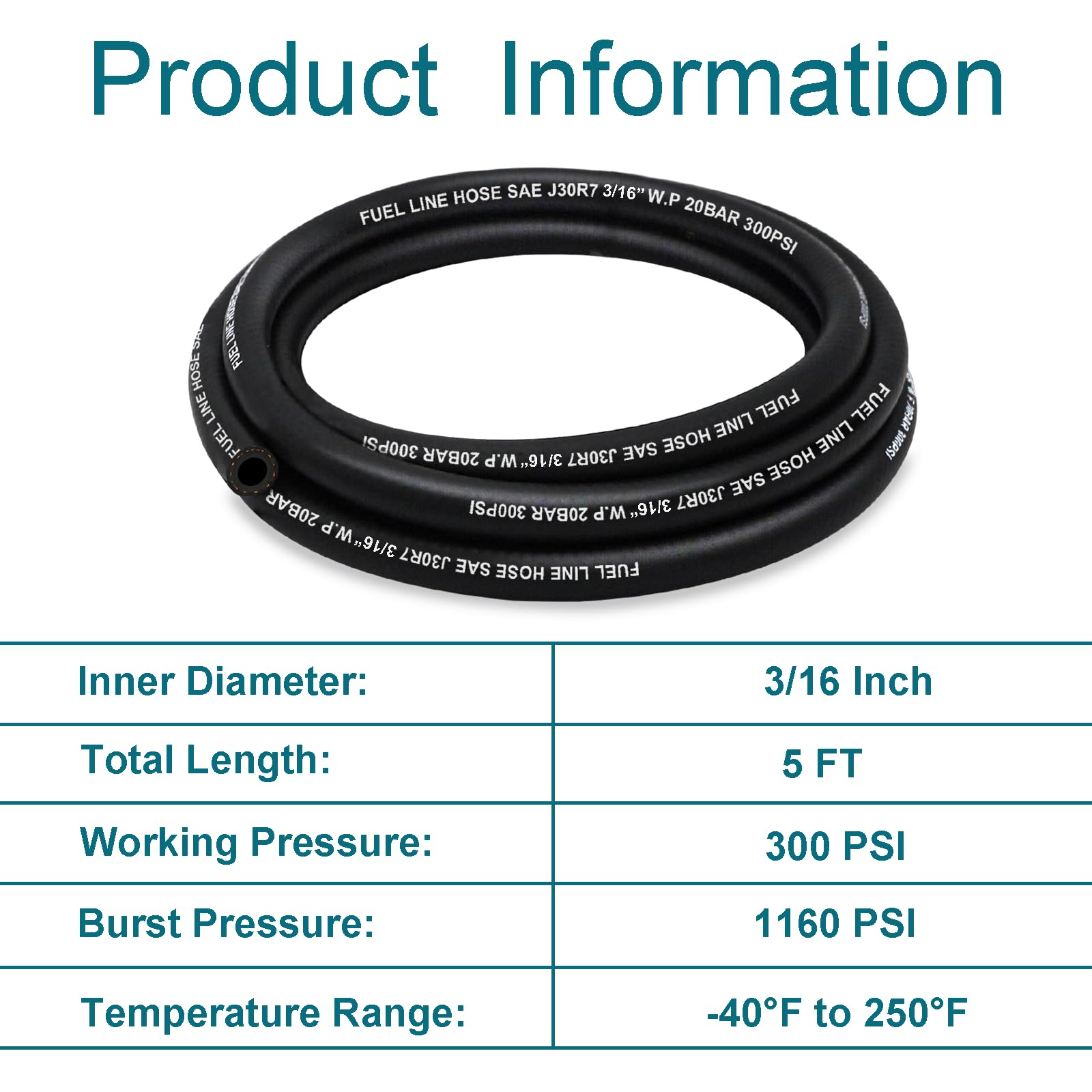 HOUSUN Fuel Line 3/16 Inch ID, Fuel Hose 5FT 300PSI HighPressure, J30R7 Fuel