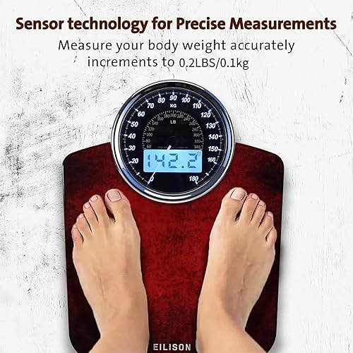 Miniatura 3 de EILISON Highly Advance 2-in-1 Digital & Analog Weighing Scale for Body Weight-400lbs, 4 High Precison GX Sensor Accurate, Thick Tempered Glass, Rojo
