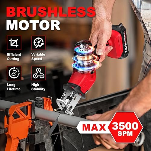 Miniatura 3 de Sierra recíproca inalámbrica, sierras eléctricas de 3500 RPM con 2 baterías de 2.0 Ah y cargador, cambio de hoja sin herramientas, sierra de mano