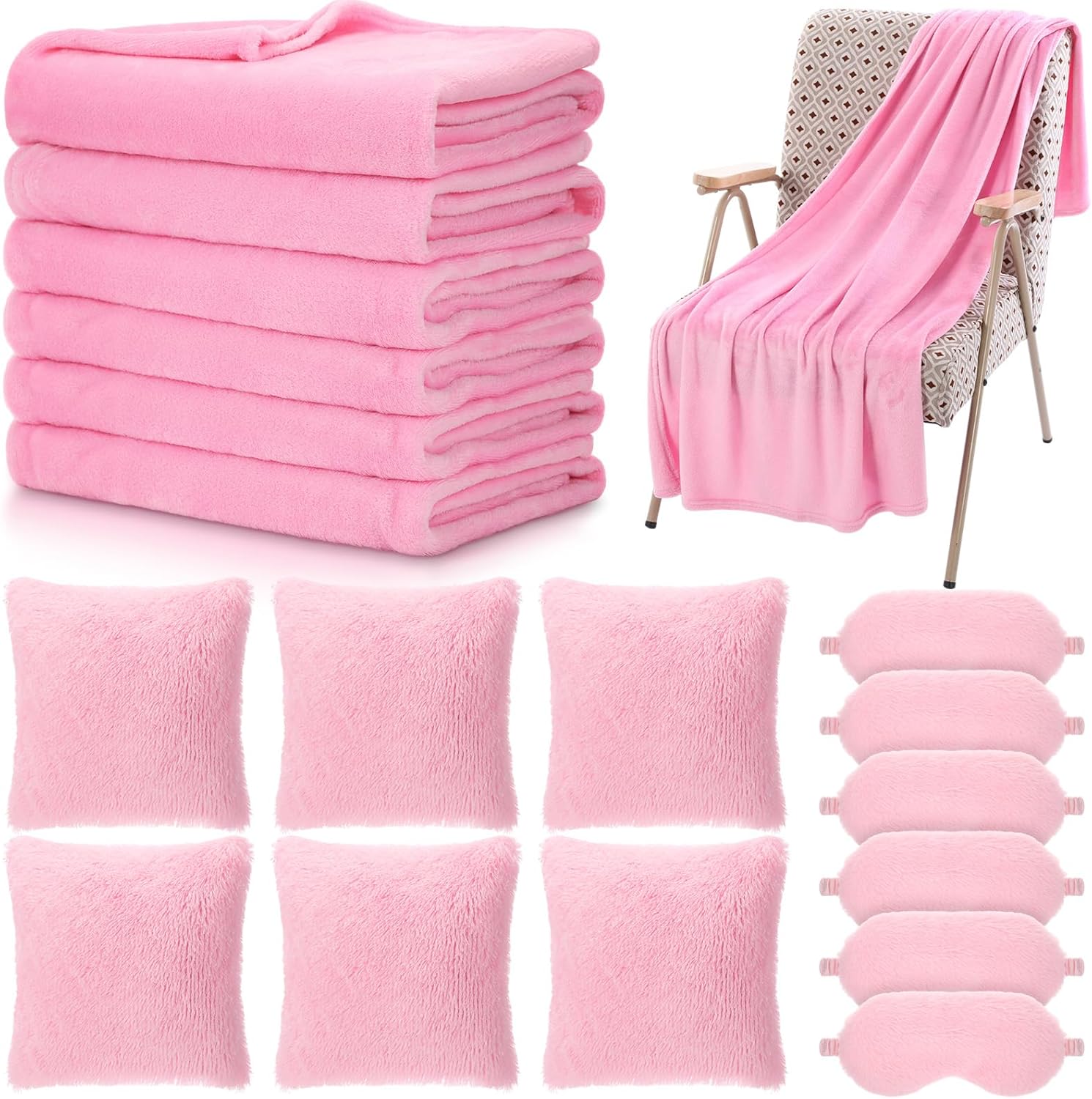 18 Pcs Pink Sleepover Party Supplies Set 6 Pcs 39"x59" Fleece Soft Blankets Fluffy Pink Heart Throw Pillows Plush Sleep Eye Mask for Princess Fairy Pajama Birthday Party Spa Favor