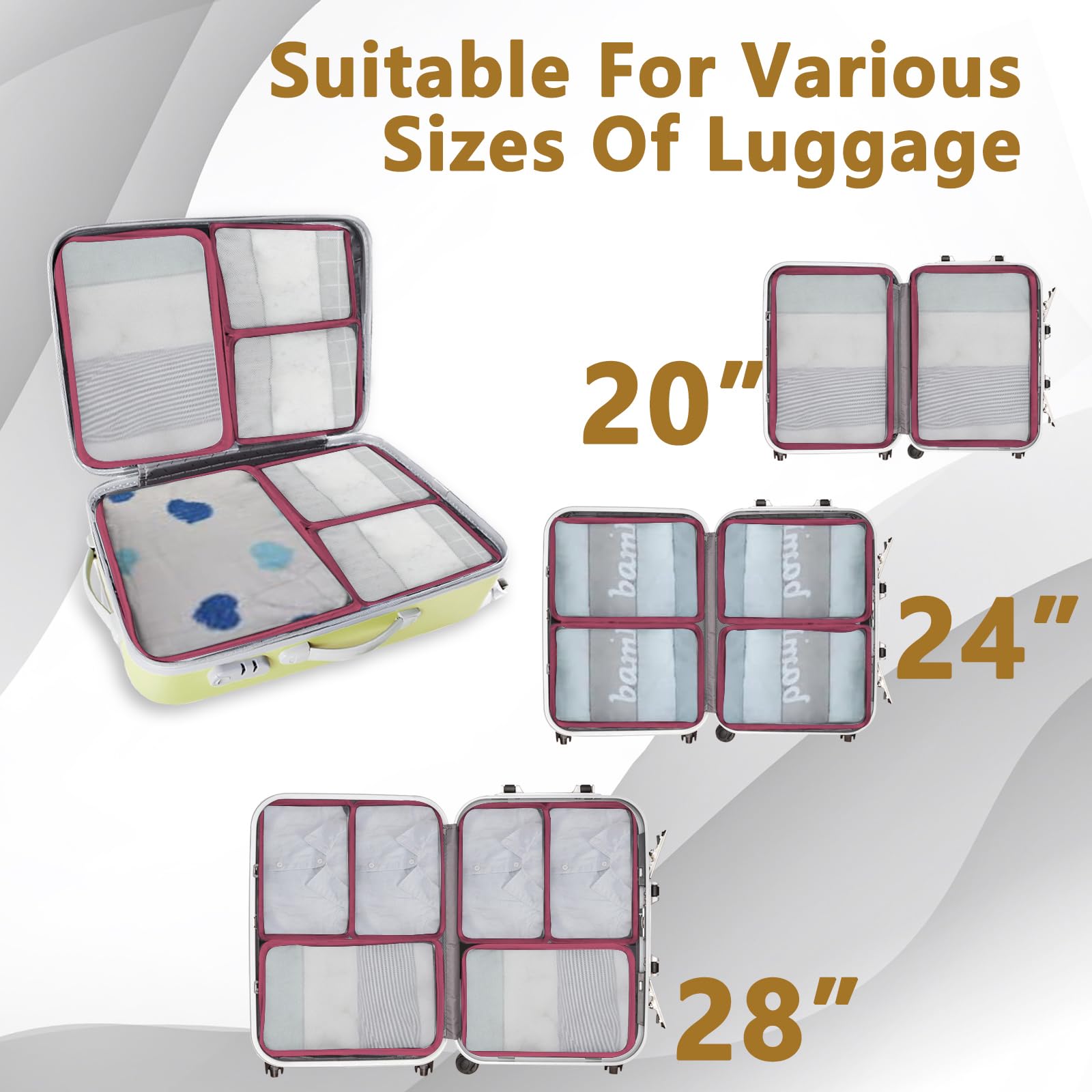 Grandi cubi da imballaggio, 14 organizer per valigie, cubi da viaggio leggeri per valigie, cubi da imballaggio per la casa e i viaggi, 14 bordeaux