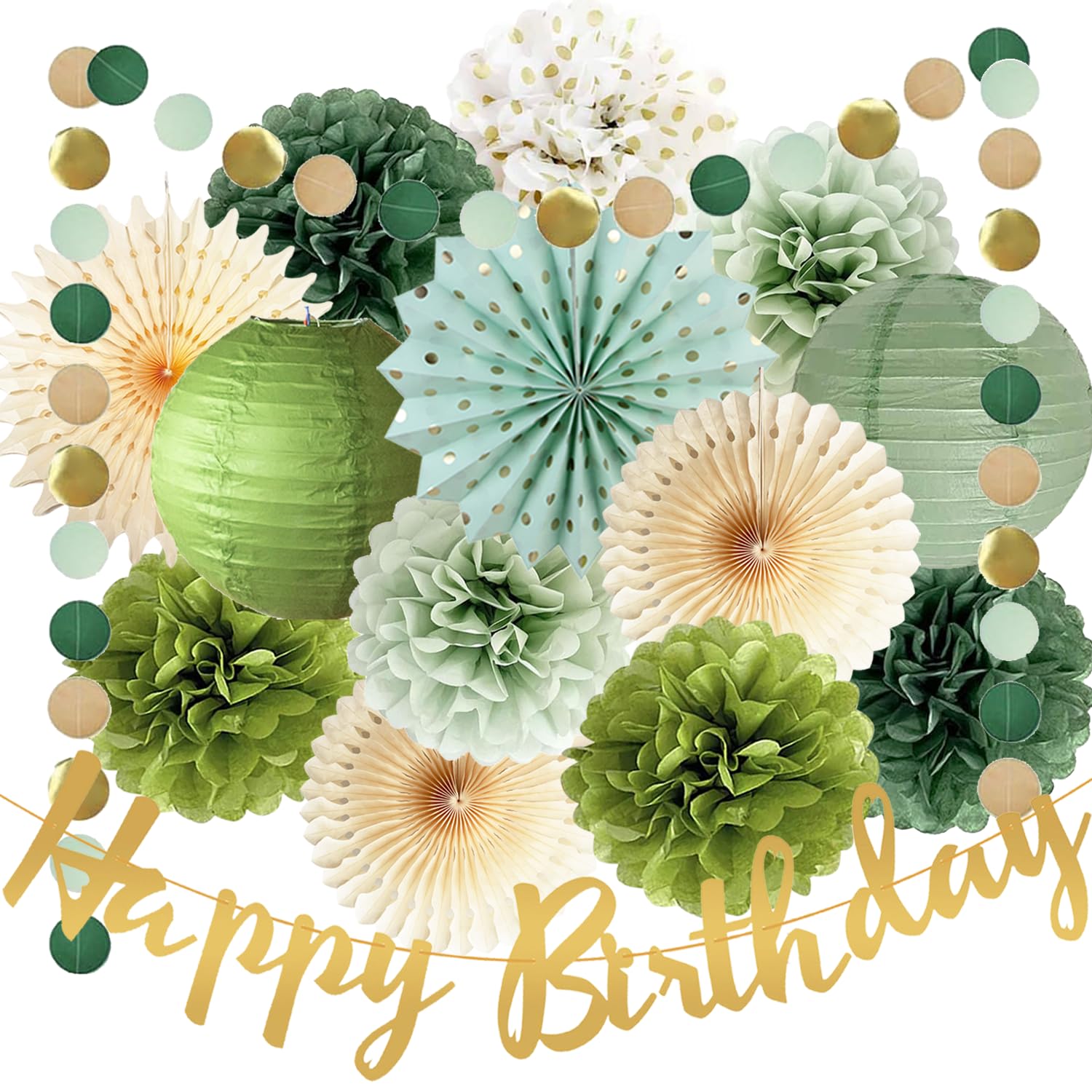 Olive Sage Green Birthday Party Decorations Sage Birthday Party Décor Tissue Paper Pom Poms Flowers Paper Fans Circle Dot Garlands Olive Green Party Neutral Birthday Decorations for Women Girls Boys