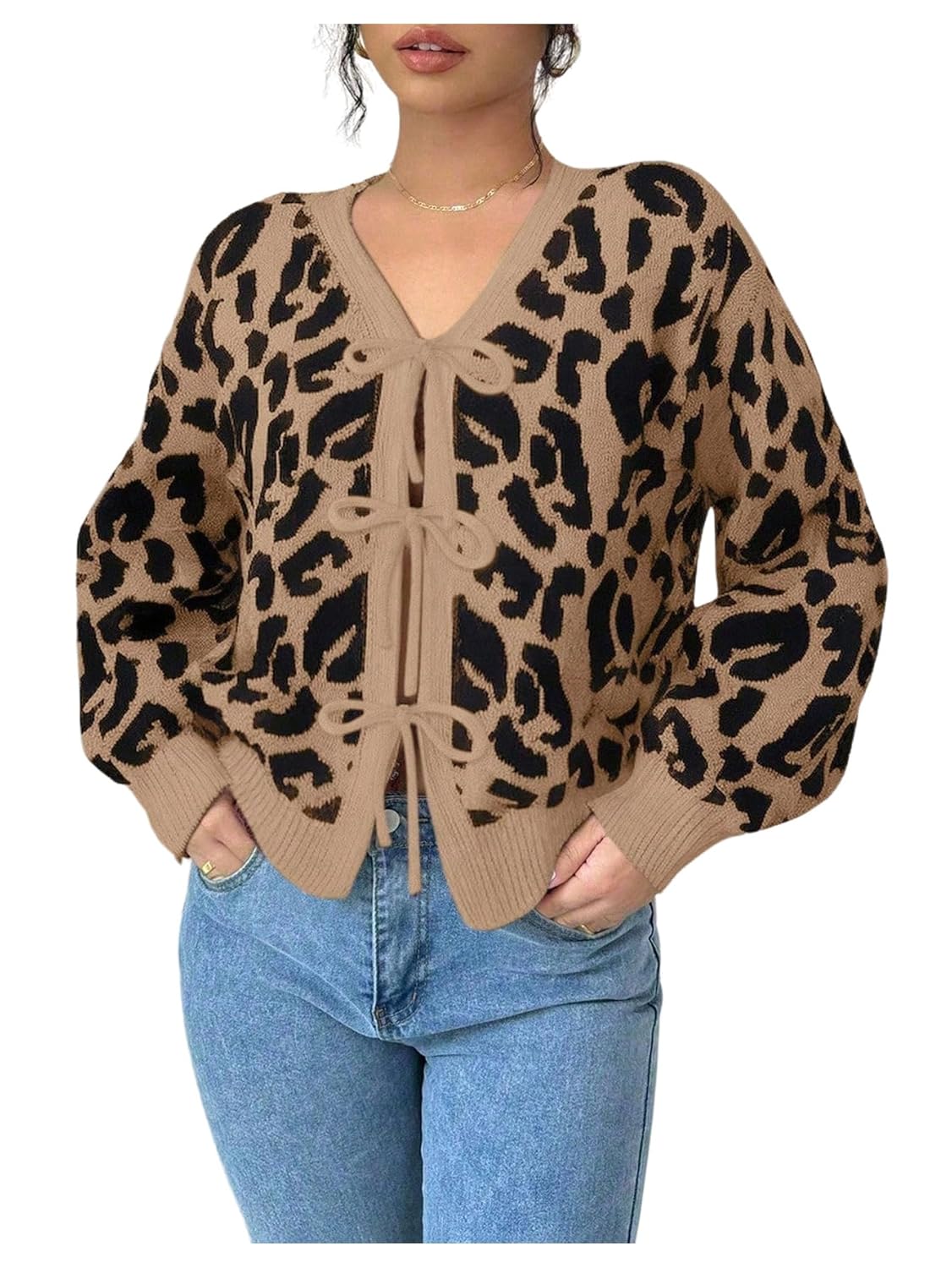 GORGLITTER Womens Leopard Bow Tie Front Cardigan Cheetah V Neck Long Sleeve Knit Sweaters Outwear