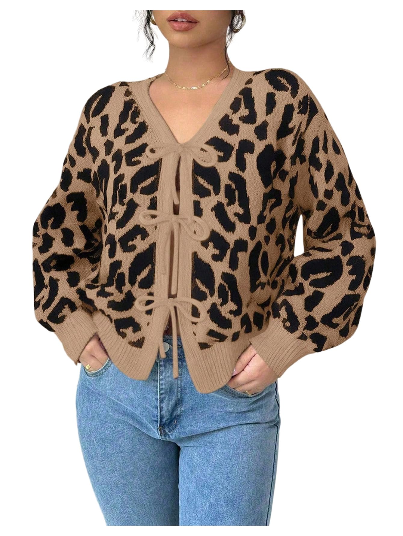 GORGLITTER Womens Leopard Bow Tie Front Cardigan Cheetah V Neck Long Sleeve Knit Sweaters Outwear
