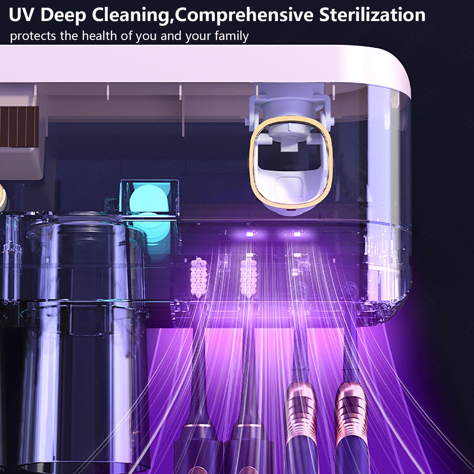 Soporte Cepillo De Dientes Inteligente Limpieza Profunda con UV, Toothbrush Holder Montado En La Pared con Múltiples Ranuras De Carga Solar USB, Porta Cepillo De Dientes Pared,4-Cups