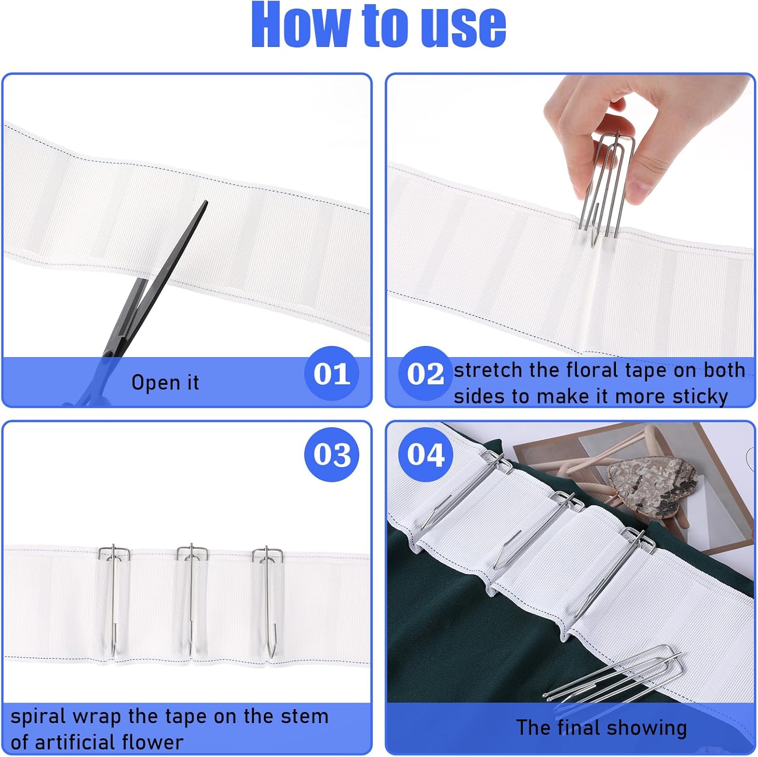 Curtain Pleat Tape 10 Meters/10.9 Yards White Pleat Curtain Tape with 30 Pcs Stainless Steel 4 Prongs Curtain Pleater Hooks, Curtain Accessory End Tape Hooks Clips for Curtain DIY
