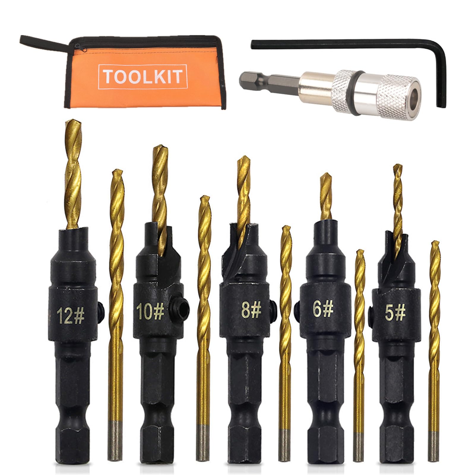 QGK Juego de 13 brocas avellanadoras para carpintería (n.° 5, 6, 8, 10 y 12) con 5 puntas intercambiables y portabrocas magnético extendido con bolsa de almacenamiento.
