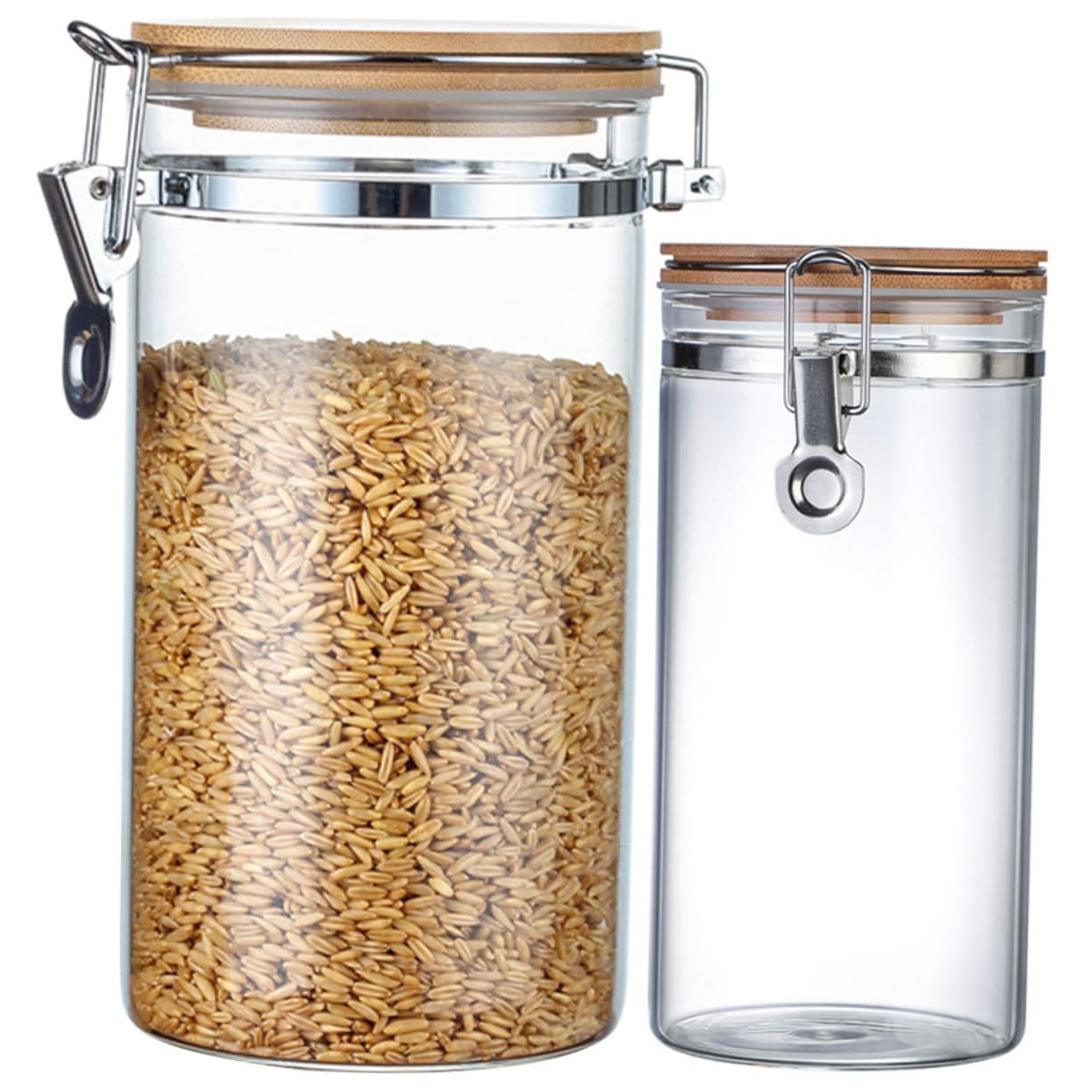POPETPOP Tarros Herméticos para Almacenamiento de Harina y Alimentos de Vidrio y Acero Inoxidable Tapa de Madera Set de 2 Diseño Claro y Estructura Estable en Cocina