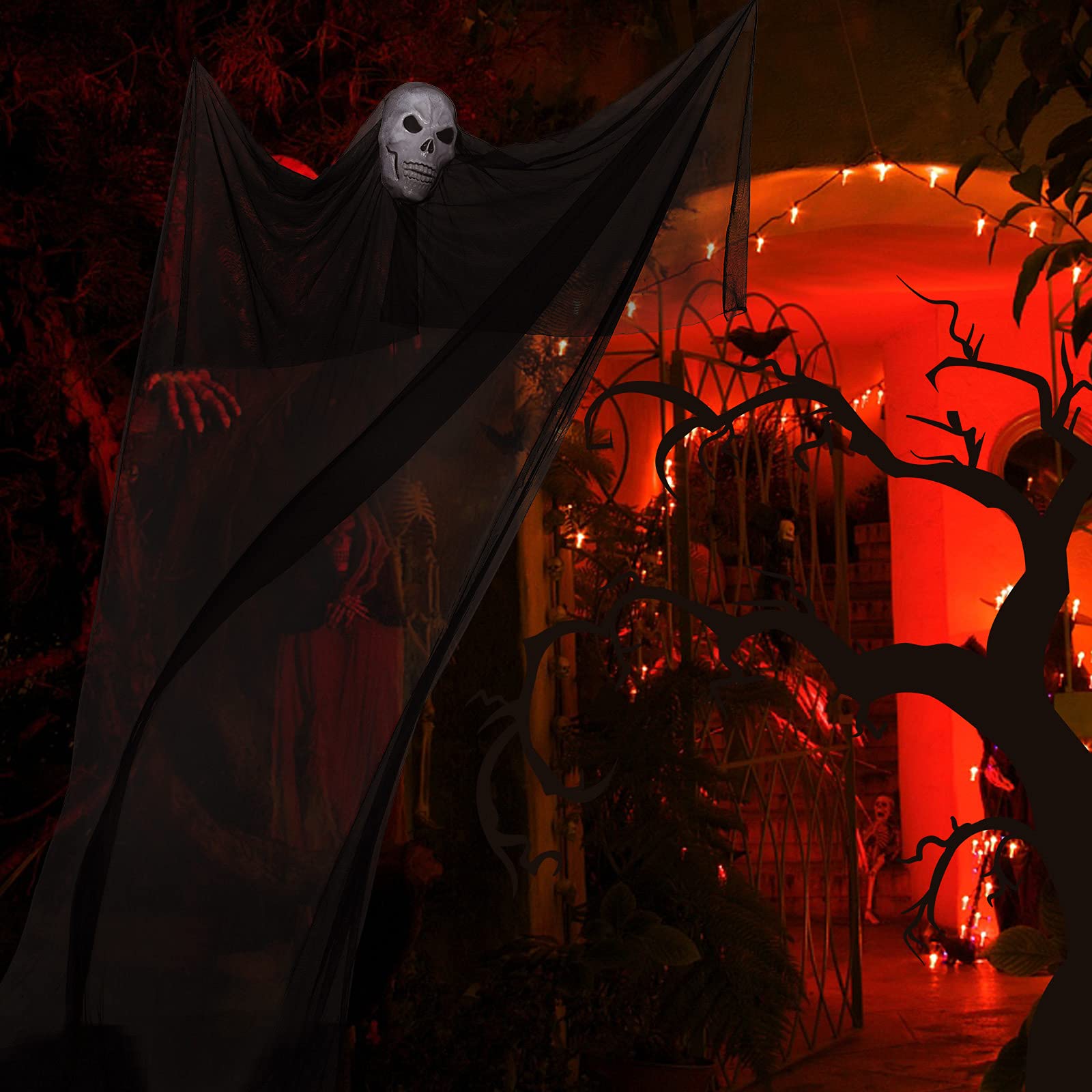 Halloween-Tuch Schwarz 203x403 Cm – Gruselige Dekoration Für Drinnen & Draußen, 5 Stück, Dehnbare Baumwolle