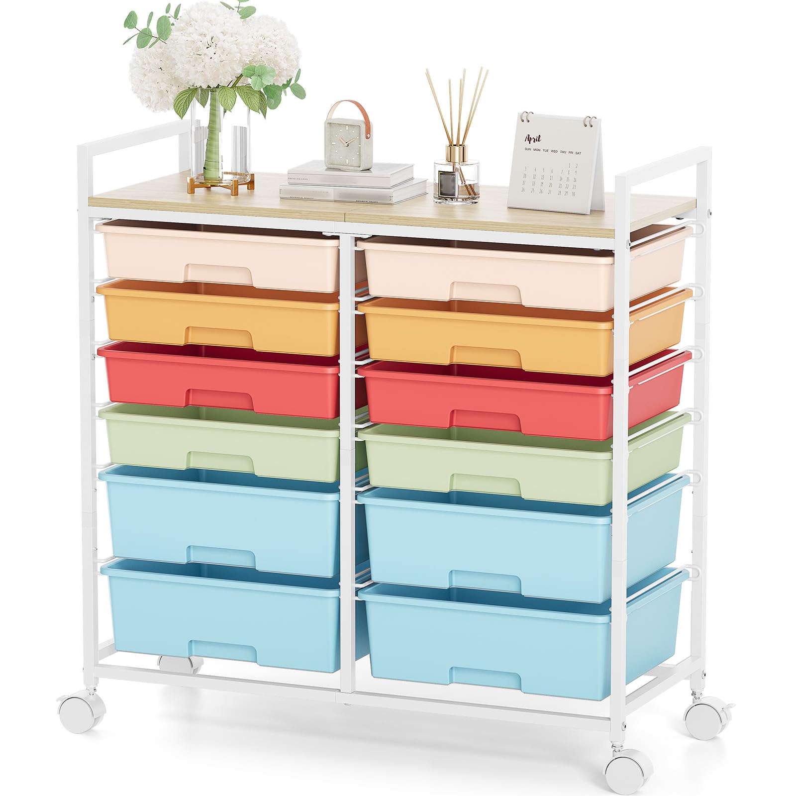 Rolling Storage Cart with 12 Drawers, Wooden Tabletop Utility Cart for Craft Storage, Art Supply Storage & Home Office Organization, Teacher Cart with Wheels for Classroom, School (Rainbow)