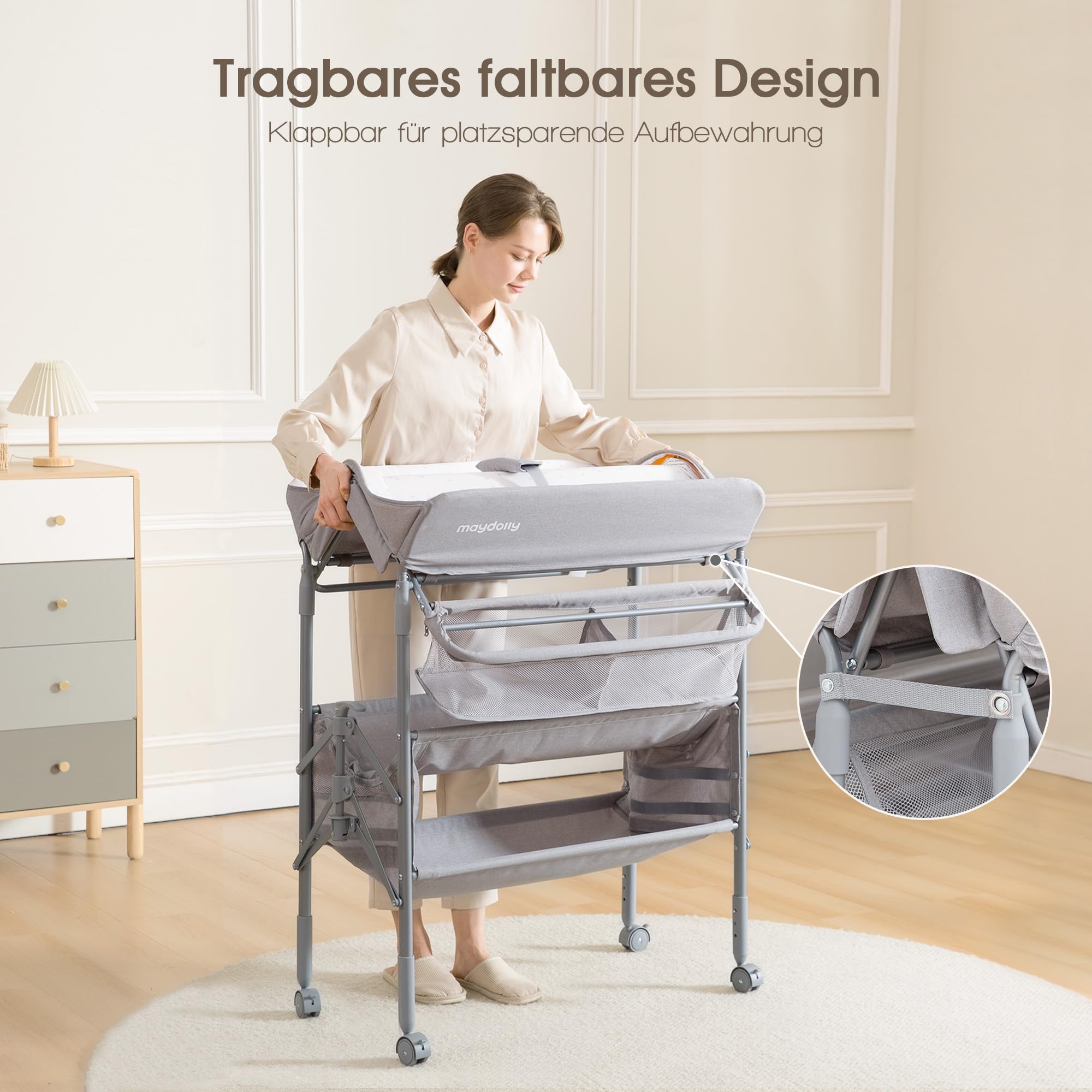 Maydolly Tragbarer Wickeltisch für Babys, Höhenverstellbar mit Rädern, Wasserdichtes Sitzkissen, Grau