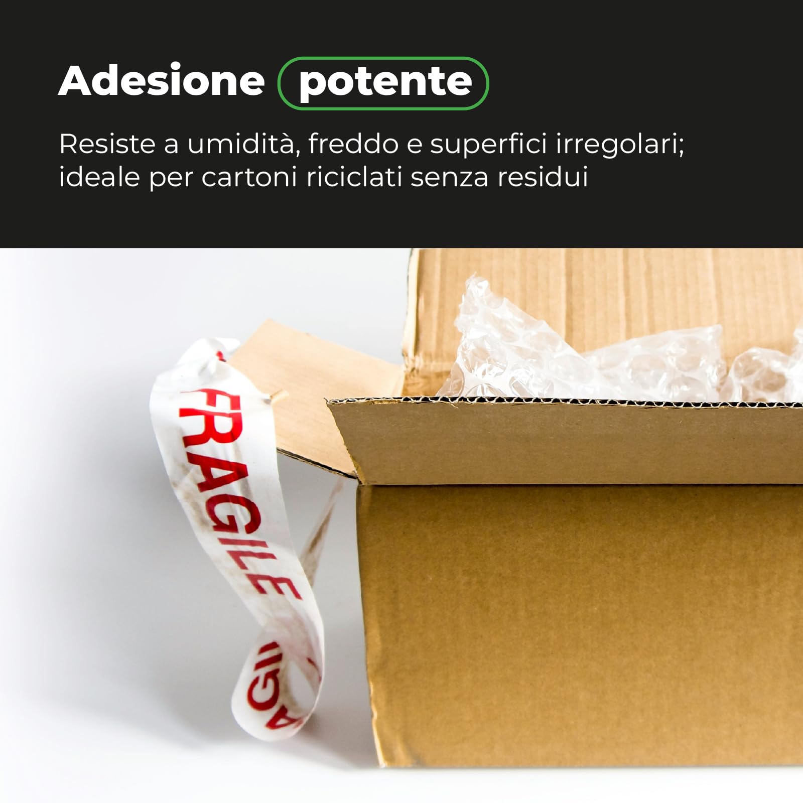Nastro Adesivo Fragile Stampato 50 mm x 132 m - Resistente Umidità e Freddo, Srotolamento Silenzioso, per Imballaggi Delicati e Spedizioni Sicure, 36 Rotoli