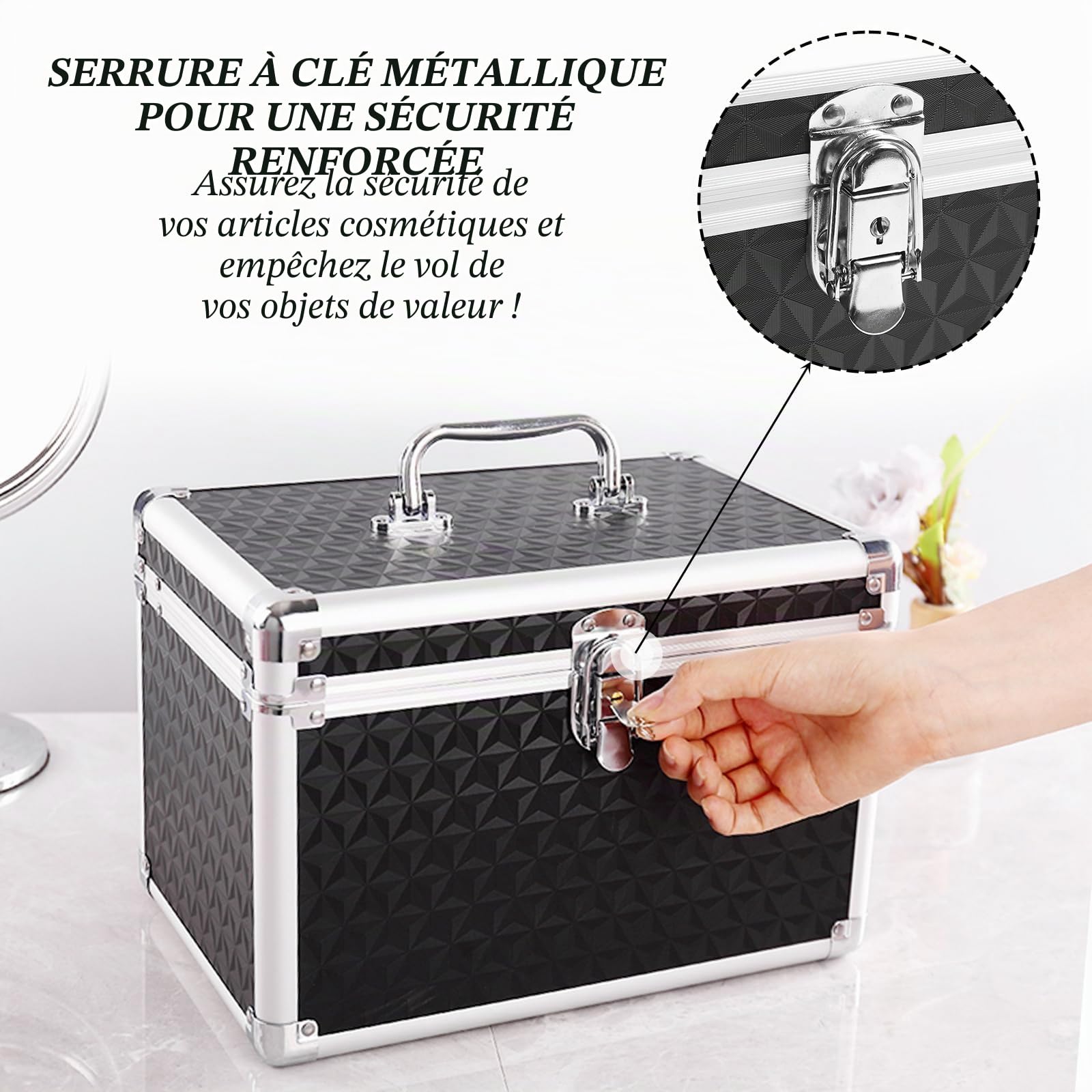 Mallette de maquillage vide verrouillable avec miroir et clé, noire, petite valise cosmétique, Noir , 30 x 20 x 20 cm, Classique