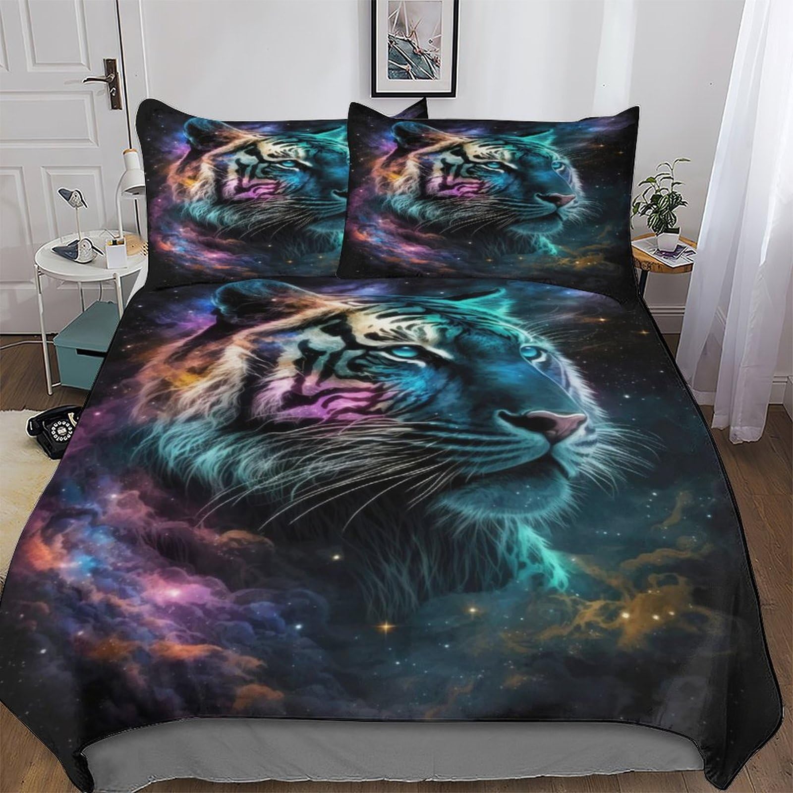 Housse de couette tigre blanc 220x240 cm parure de lit 3 pièces en microfibre