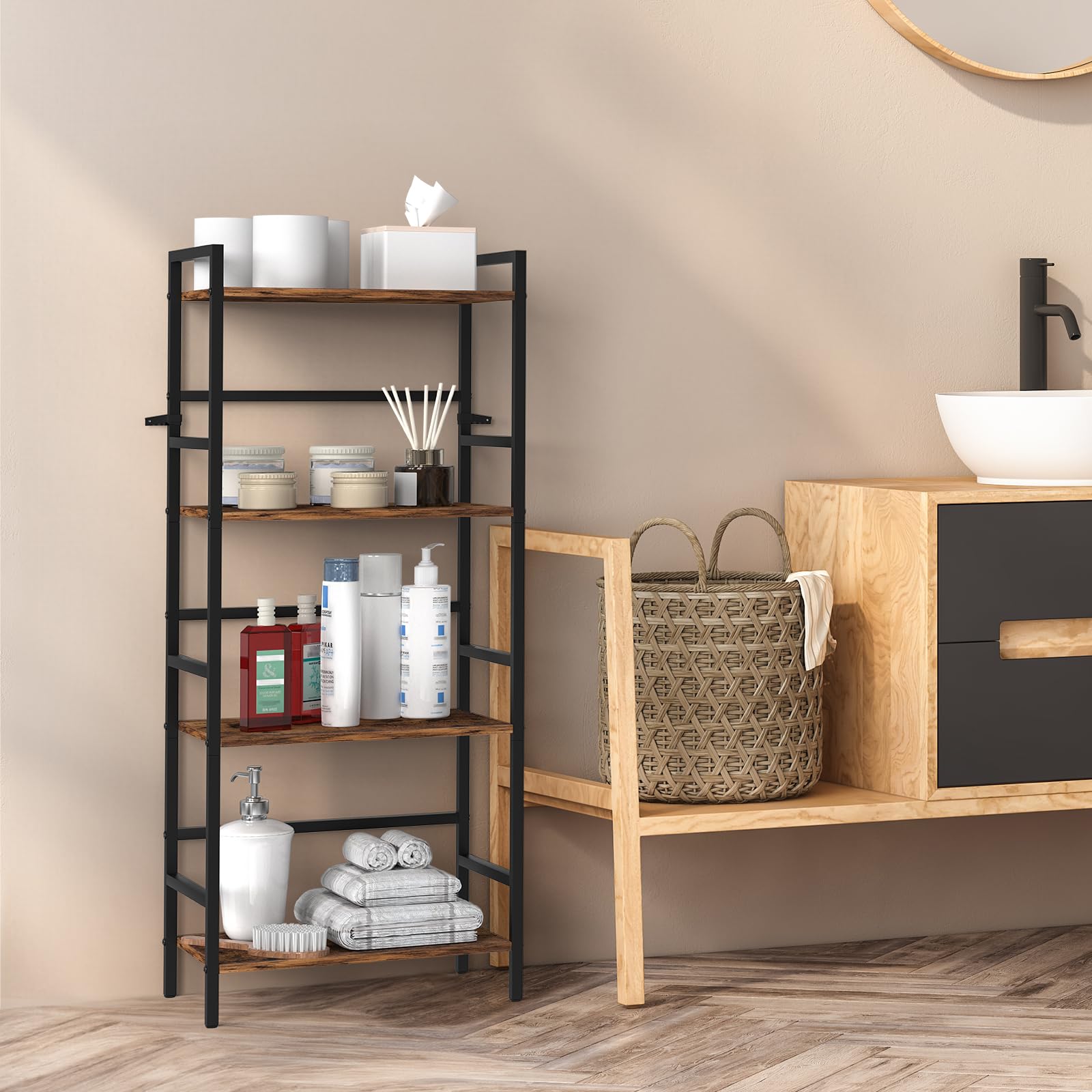 CADUKE 4-poziomowa półka na książki z miejscem do przechowywania Industrial Open Etagere Bookcase Wood Metal Book Shelf Stand Brown Regały na książki do salonu, sypialni, biura
