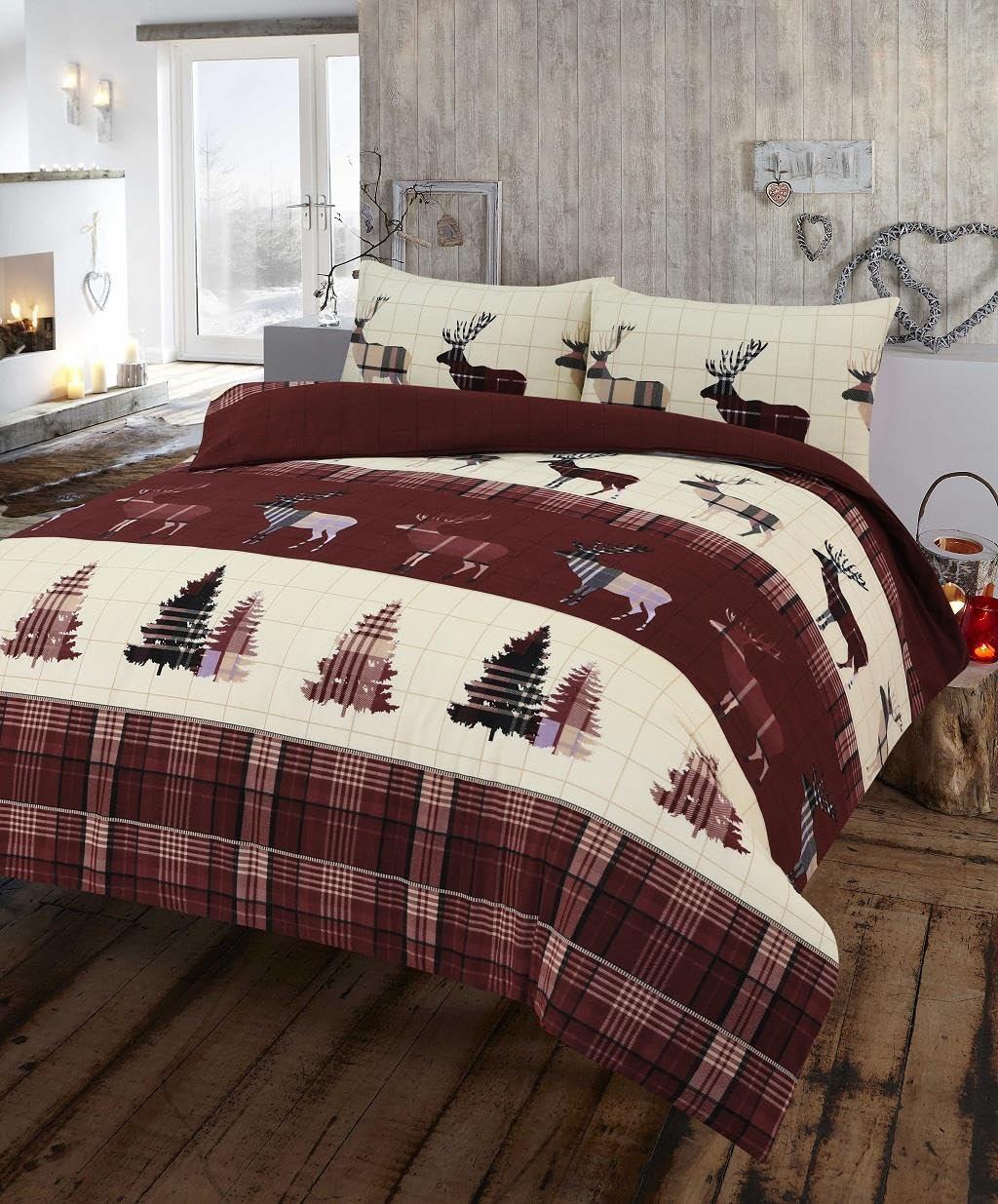 Kampala Hill Flannelette Tartan Stag Brushed Cotton Duvet Cover Set Bedding Set Brown King