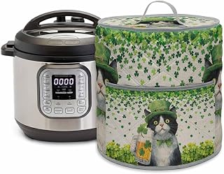 St. Patrick's Day Rice Cooker Dust Cover for 3 Quart Instant Pot Air Fryer Cover,Vintage Cute Cat Beer Green Clovers Pressure Cooker Protective Cloth Covers with Pocket Kitchen Appliance Covers