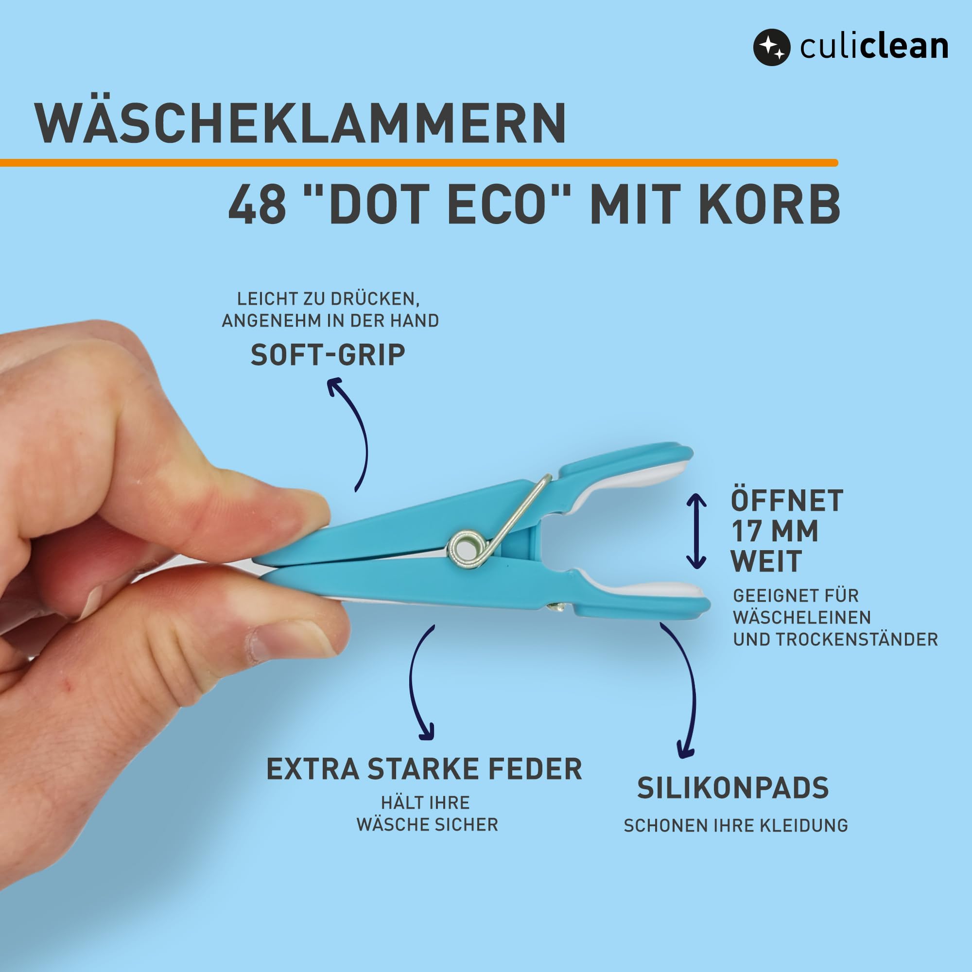 culiclean Wäscheklammern mit Korb, 48x + 1 Korb, eco blau-Weiss | Klammerkorb und Wäscheklammer Blume, stabile Kluppen mit Softgrip, 80 mm, windfest, UV-beständig, BPA-frei, Made in France