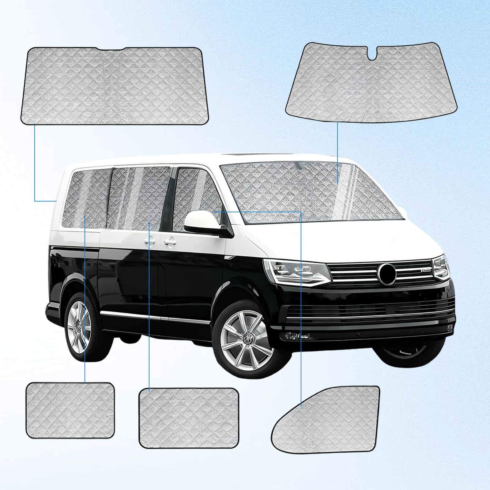 Wewnętrzny zestaw mat termicznych do VW T5/T6 SWB (krótki rozstaw kół), 8-częściowy zestaw mat termicznych do kabiny kierowcy, ochrona przed promieniowaniem UV i wodą, wielowarstwowa ochrona
