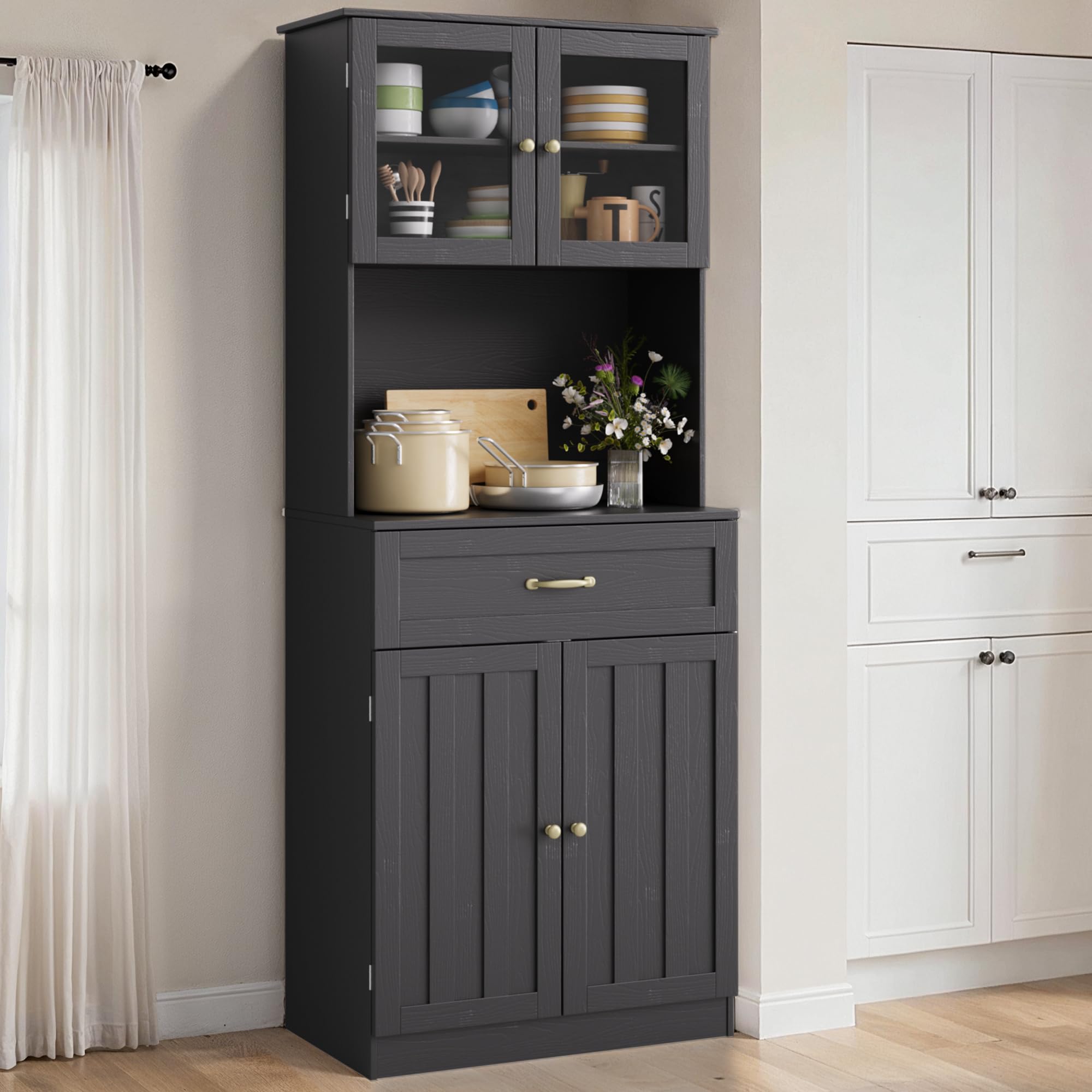 Haute Buffet,Admoire de Cuisine,Sideboard avec Portes en Verre, tiroir, Trou pour câbles et étagères réglables en Hauteur, pour Cuisine et Salle à Manger, 180x73x40 cm,Noir