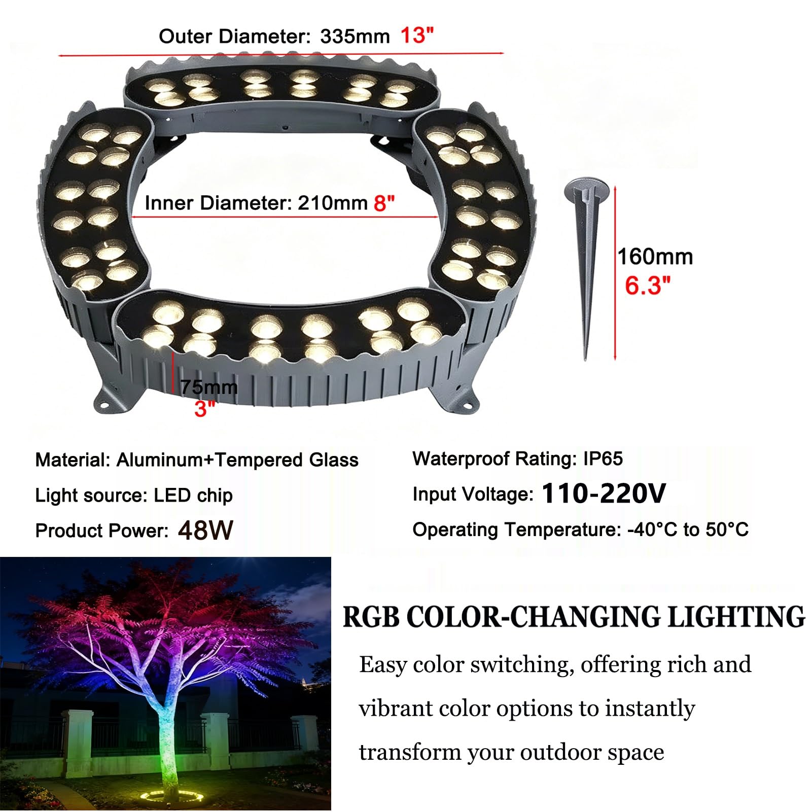 Zewnętrzne pierścieniowe lampki choinkowe Oświetlenie krajobrazowe LED RGB, wodoodporne oświetlenie zewnętrzne IP65 do przytulania drzew do oświetlenia krajobrazu ogrodu podwórkowego(6 Packs)