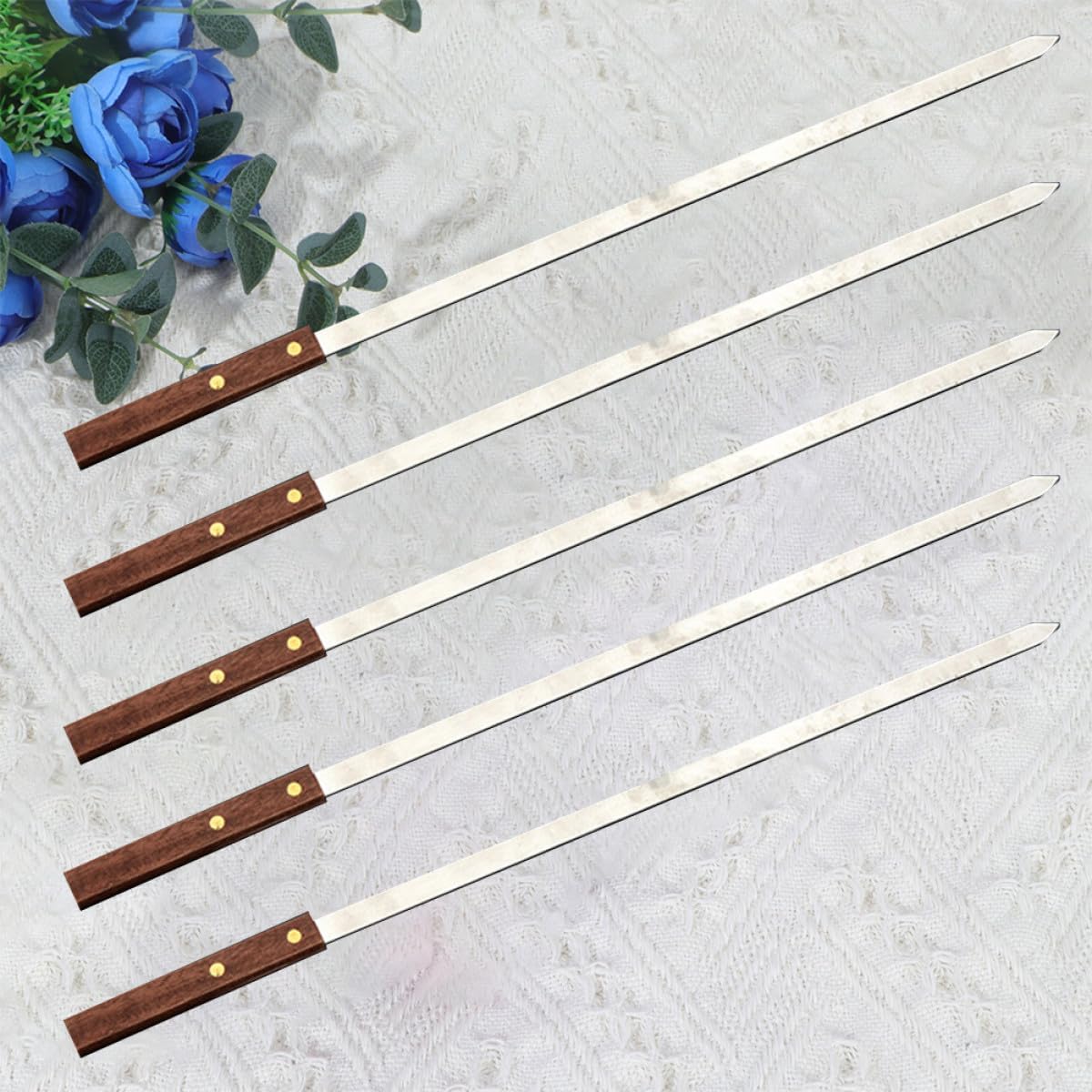 Kisangel 5Pcs Stainless Steel BBQ Skewers with Flat Shape and Wooden Handles Reusable Meat Sticks for Grilling Kabobs Family Dinners Parties Outdoor Use Light Brown