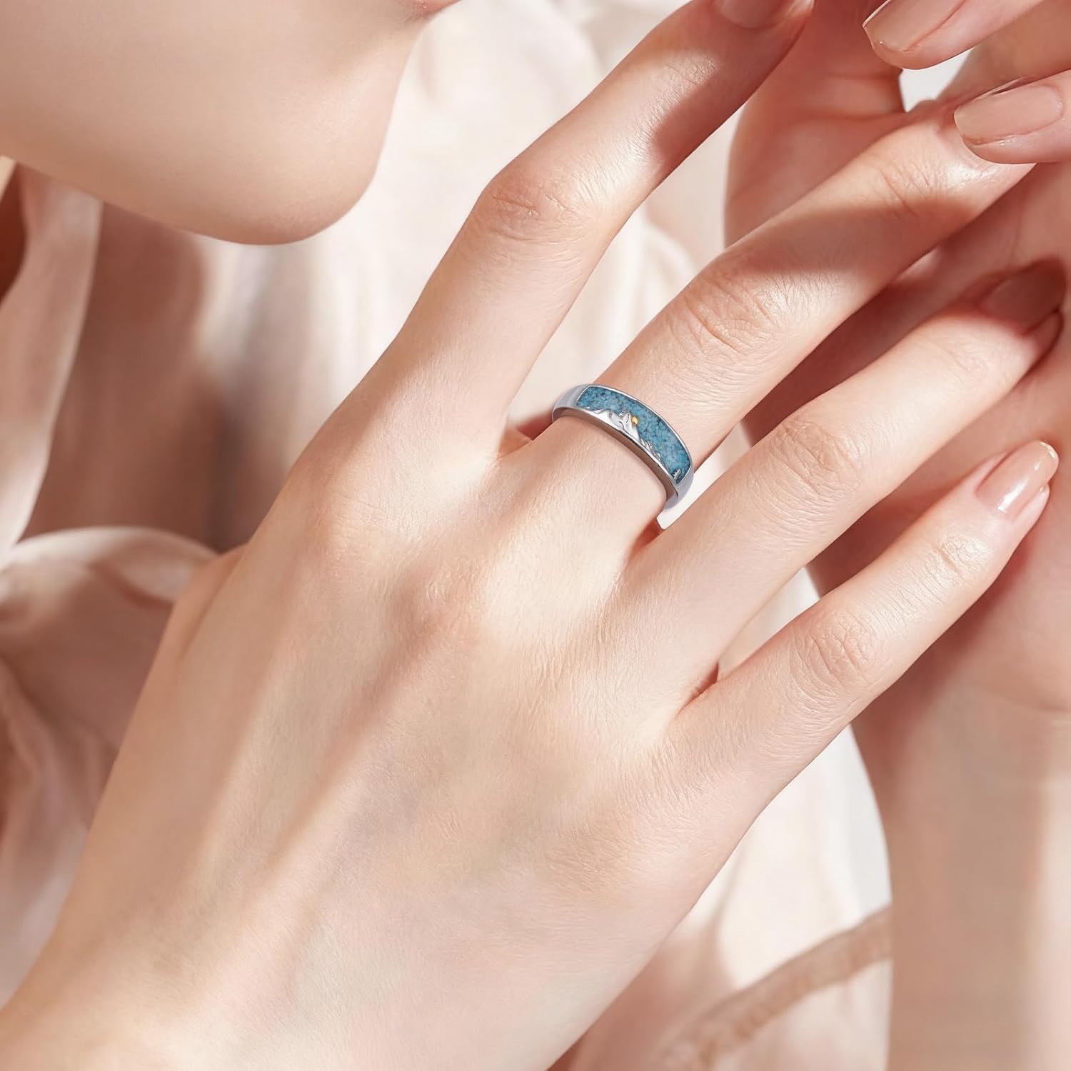 925 Sterling Silver Mountain Turquoise Ring for Men Women Faith Can Move Mountains Inspirational Jewelry with Sunrise Accent Nature Mountain Ring Valentines Day Gifts