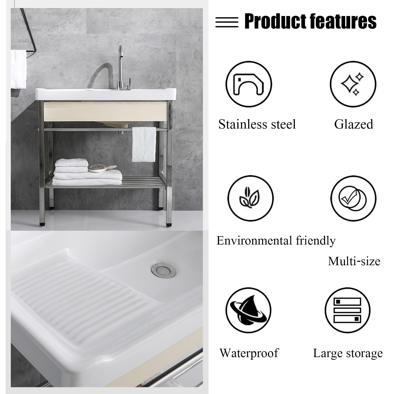Fregadero utilitario de Acero Inoxidable - Lavabo de Porcelana Independiente de un Solo Seno con Patas de Metal para restaurantes, cocinas, lavaderos y Uso Exterior.